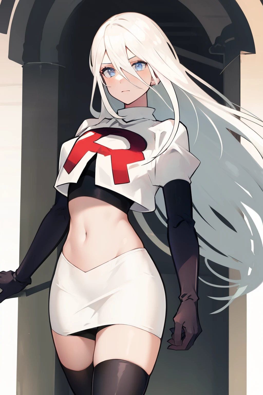 yorha type a no. 2, 1girl, absurdres,  android, blue eyes, hair between eyes, long hair, robot, solo, white hair, 

team rocket,team rocket uniform,white skirt,red letter R,crop top,black thigh-highs,black elbow gloves
