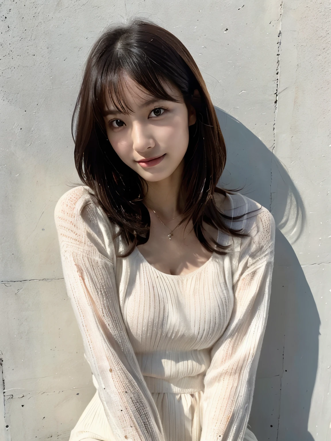 (Highly realistic photos, High resolution, detailed face, fine eyes), ((Taken in front of a white wall))、japanese woman, 40 years old, Variety of facial expressions, alone:1, slim figure, different hairstyles, casual clothes, Only one person appears in the photo、long sleeve dress、Shot in natural light、simple necklace、Spring clothes、Don't look at the camera、profile、Dark brown hair color、bob hair