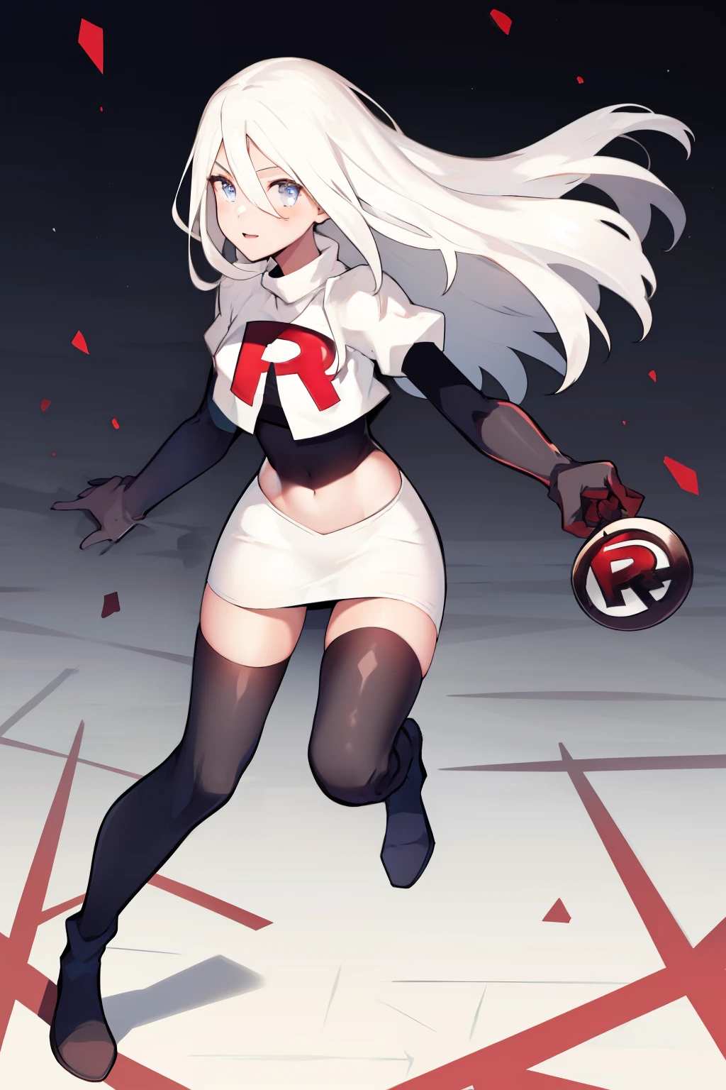 yorha type a no. 2, 1girl, absurdres,  android, blue eyes, hair between eyes, long hair, robot, solo, white hair, 

team rocket,team rocket uniform,white skirt,red letter R,crop top,black thigh-highs,black elbow gloves
