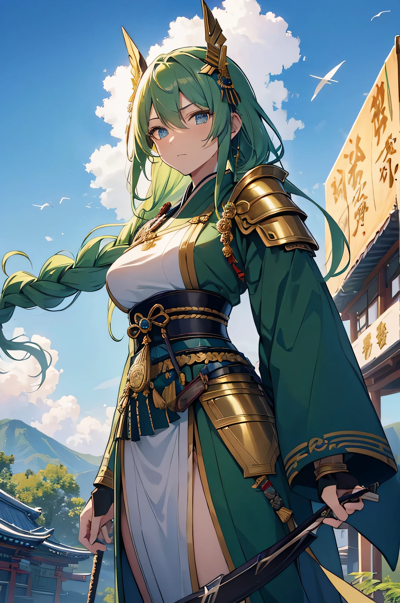 4K,High resolution,one woman,green hair,long hair,Braid,blue eyes,Valkyrie,warrior,灰色の聖なるwarriorの鎧,heavy armor,hat with feathers,Jewelry Decoration,gold decoration,sacred Japanese sword,temple in the sky