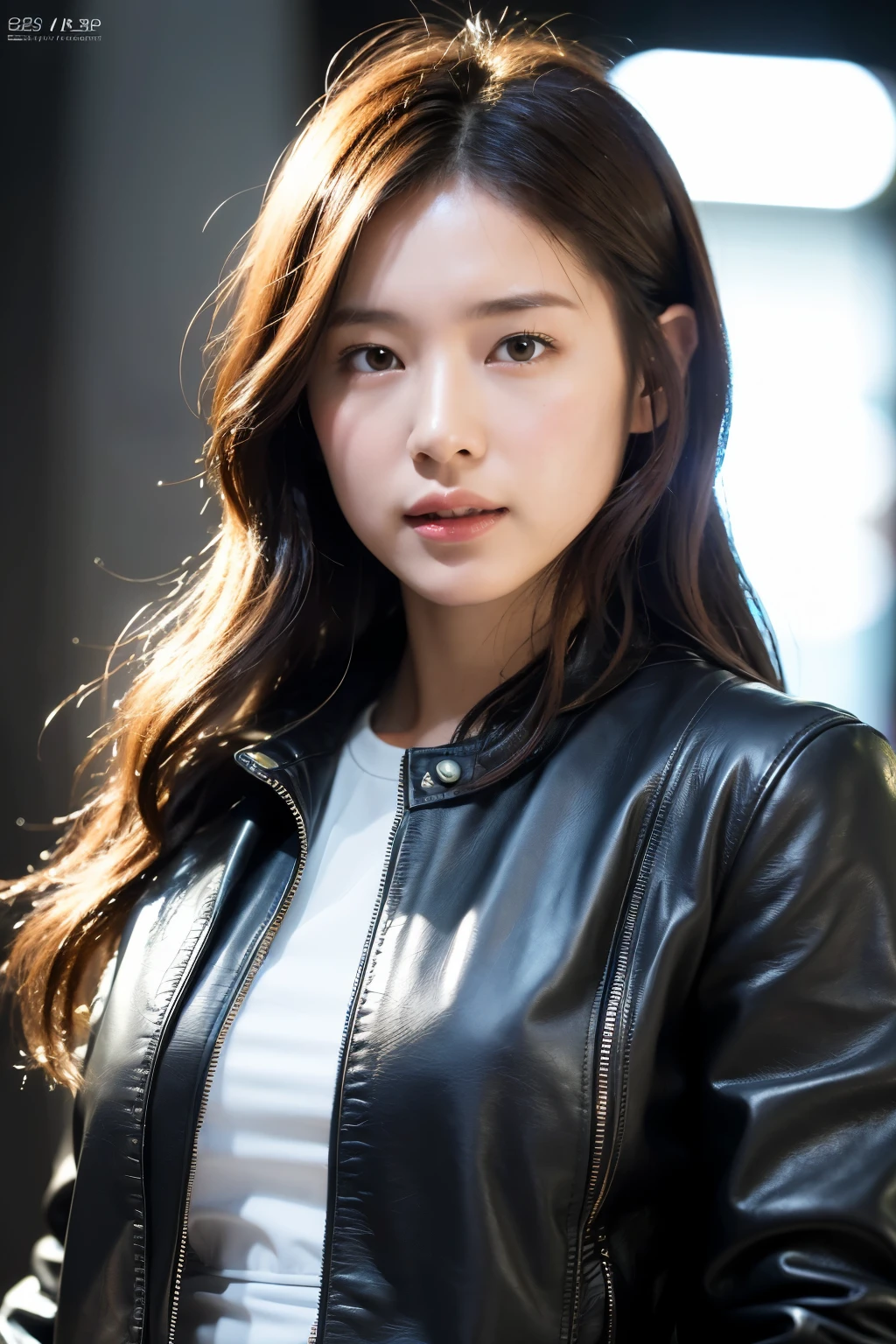((8K:1.27), highest quality, masterpiece, ultra high resolution: 1.2) cute japanese women pictures (beautiful: 1.1) (sci-fi warrior woman: 1.1) space soldier, (lewis leather jacket: 1.21) complex and elegant, fantasy, detailed, Geometric patterns by Gregg Rutkowski and Alphonse Mucha, gradient lighting
