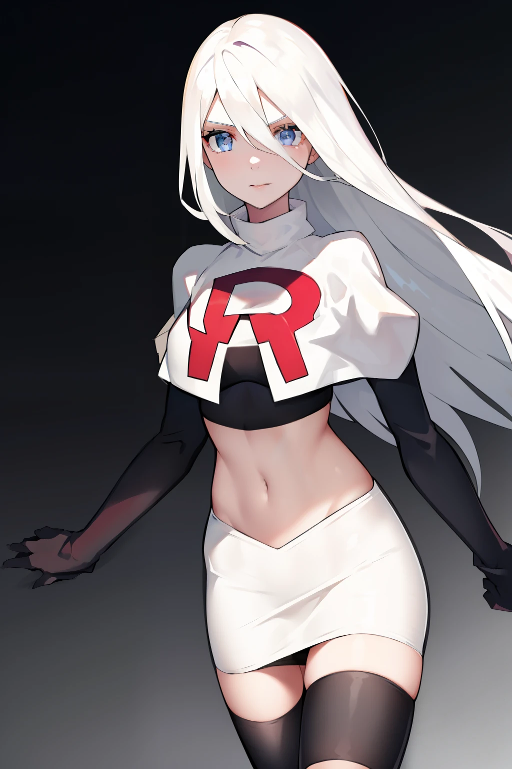 yorha type a no. 2, 1girl, absurdres,  android, blue eyes, hair between eyes, long hair, robot, solo, white hair, 

team rocket,team rocket uniform,white skirt,red letter R,crop top,black thigh-highs,black elbow gloves
