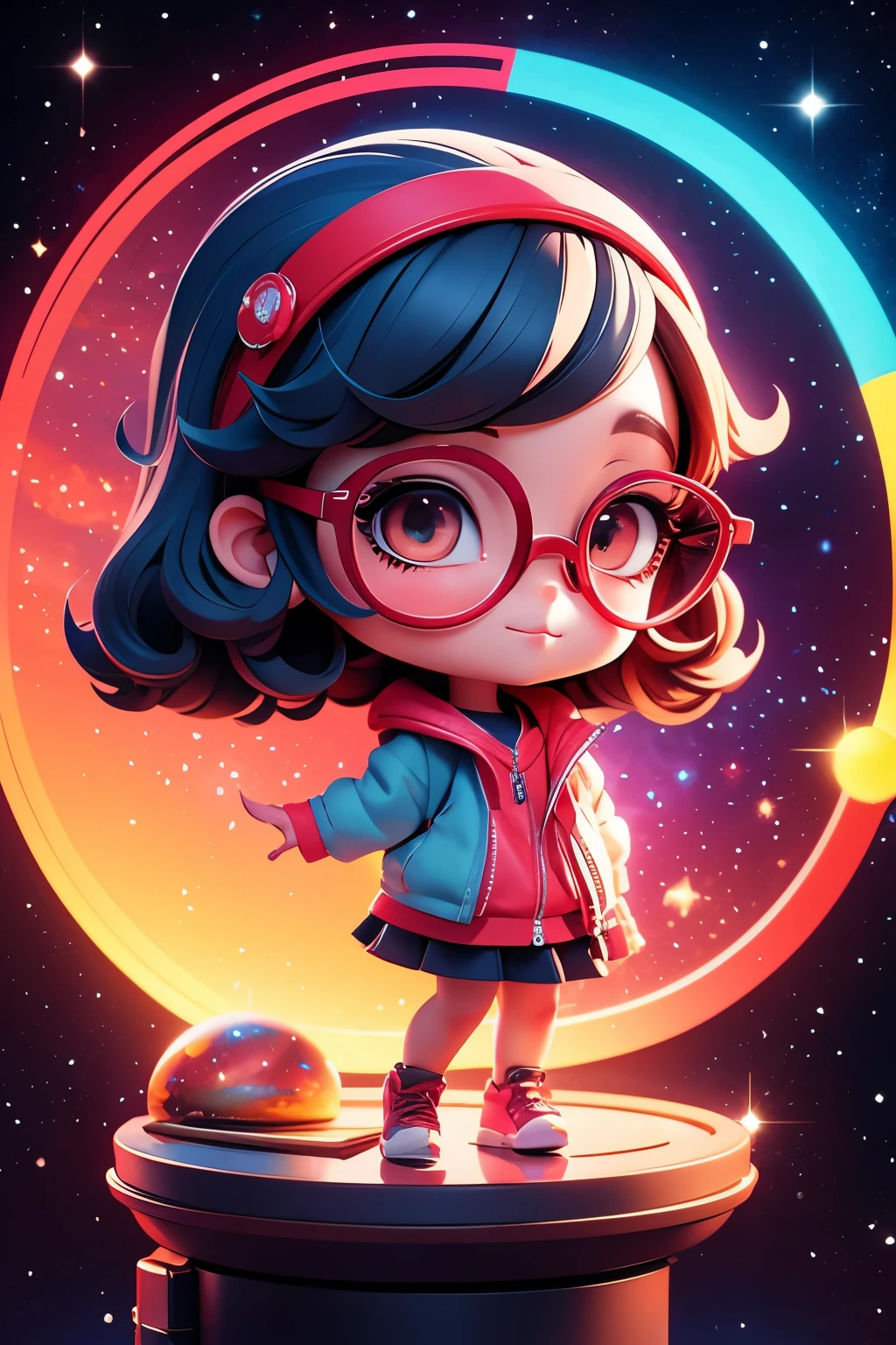 Chibi girl teaching cosmology、red glasses、Galaxy painting on background