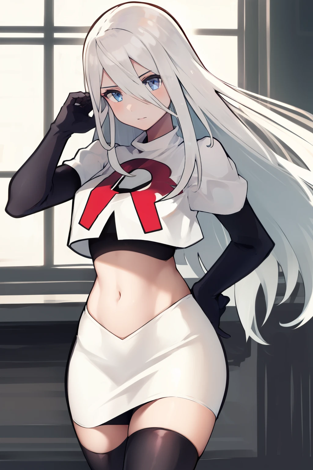 yorha type a no. 2, 1girl, absurdres,  android, blue eyes, hair between eyes, long hair, robot, solo, white hair, 

team rocket,team rocket uniform,white skirt,red letter R,crop top,black thigh-highs,black elbow gloves
