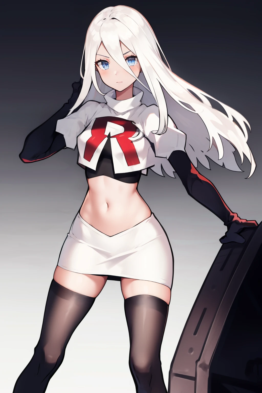 yorha type a no. 2, 1girl, absurdres,  android, blue eyes, hair between eyes, long hair, robot, solo, white hair, 

team rocket,team rocket uniform,white skirt,red letter R,crop top,black thigh-highs,black elbow gloves
