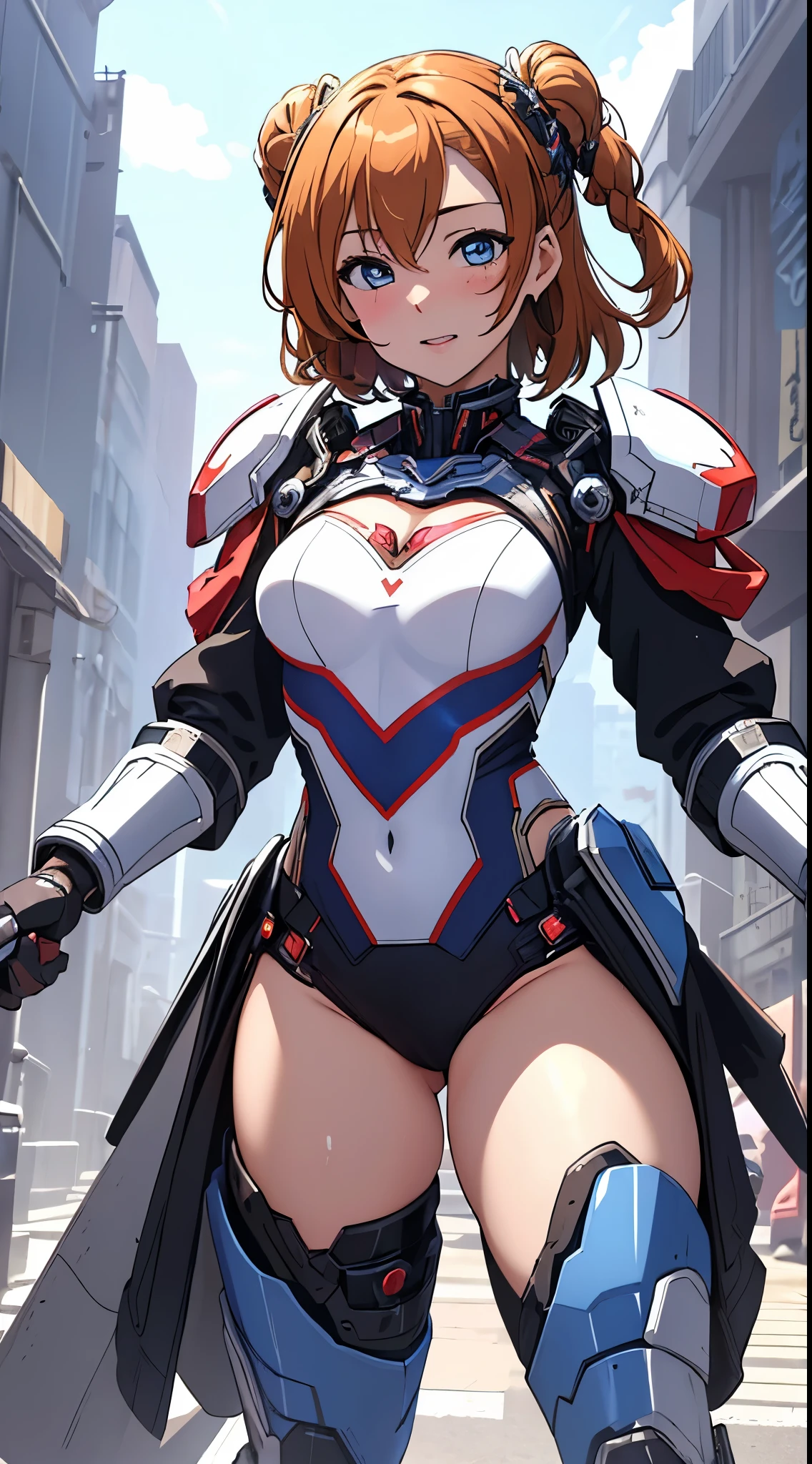 (Best Quality)), ((Masterpiece)),kousaka honoka,valkirie-mecha, with master chef style armor, sci-fi technology, leotard very sexy, battle pose,