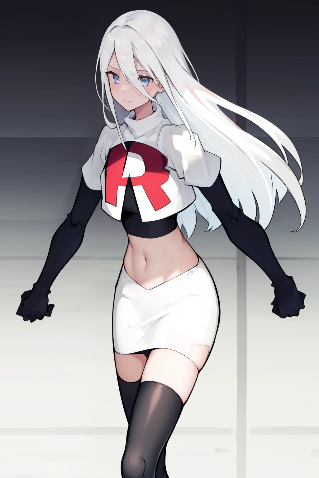 yorha type a no. 2, 1girl, absurdres,  android, blue eyes, hair between eyes, long hair, robot, solo, white hair, 

team rocket,team rocket uniform,white skirt,red letter R,crop top,black thigh-highs,black elbow gloves
