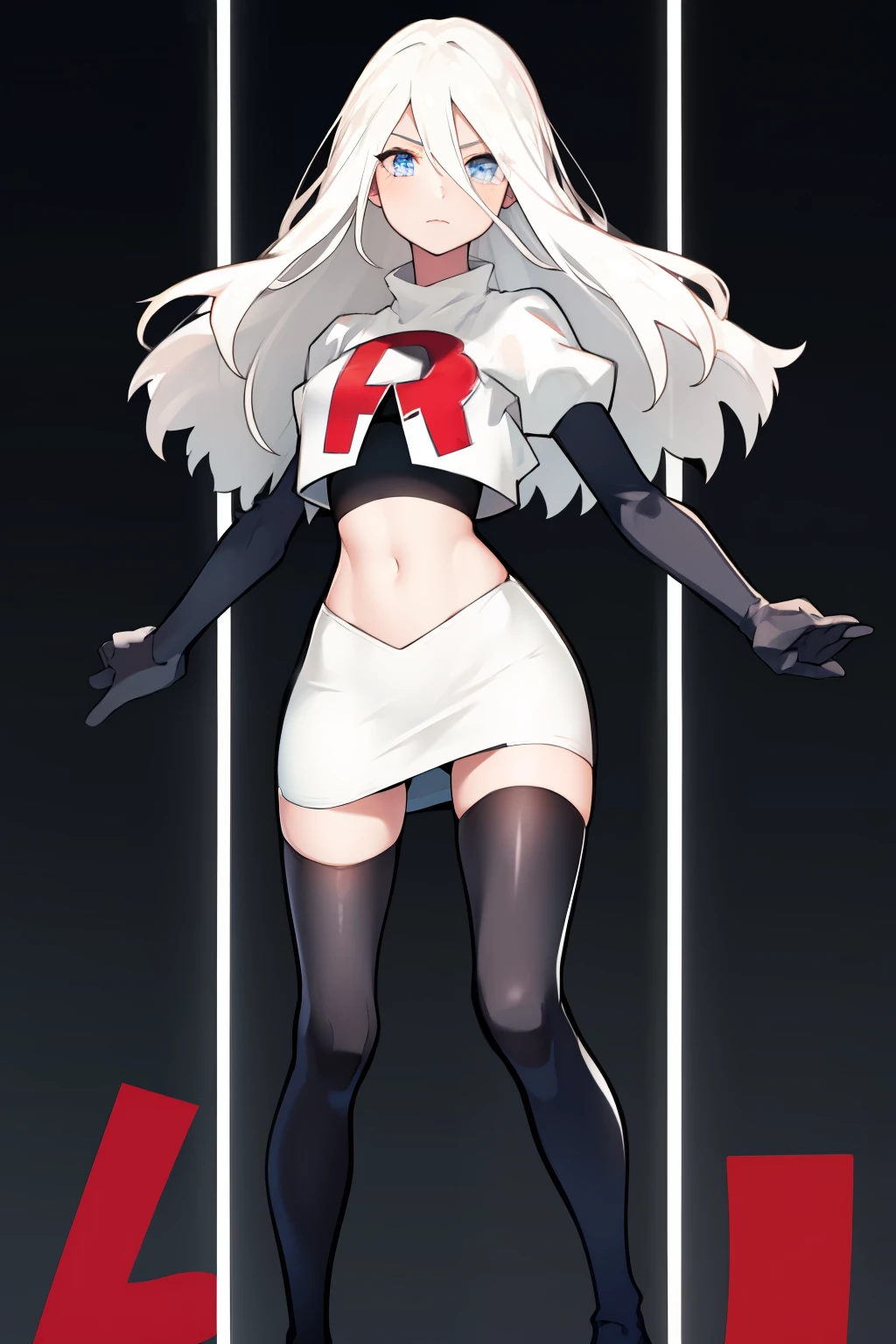 yorha type a no. 2, 1girl, absurdres,  android, blue eyes, hair between eyes, long hair, robot, solo, white hair, 

team rocket,team rocket uniform,white skirt,red letter R,crop top,black thigh-highs,black elbow gloves
