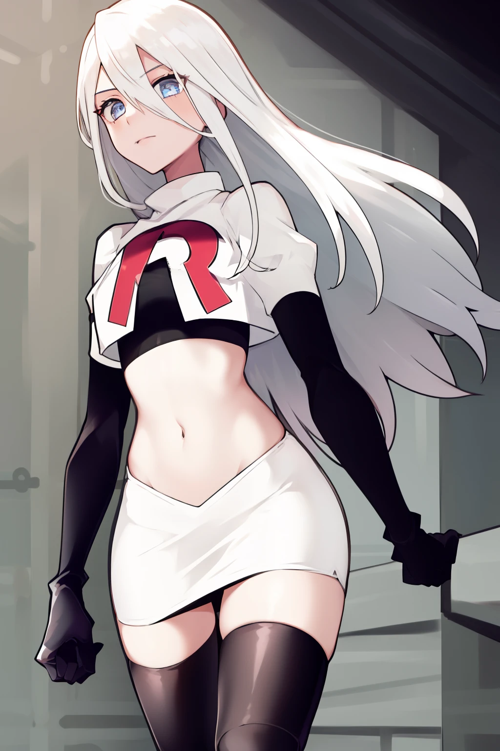 yorha type a no. 2, 1girl, absurdres,  android, blue eyes, hair between eyes, long hair, robot, solo, white hair, 

team rocket,team rocket uniform,white skirt,red letter R,crop top,black thigh-highs,black elbow gloves
