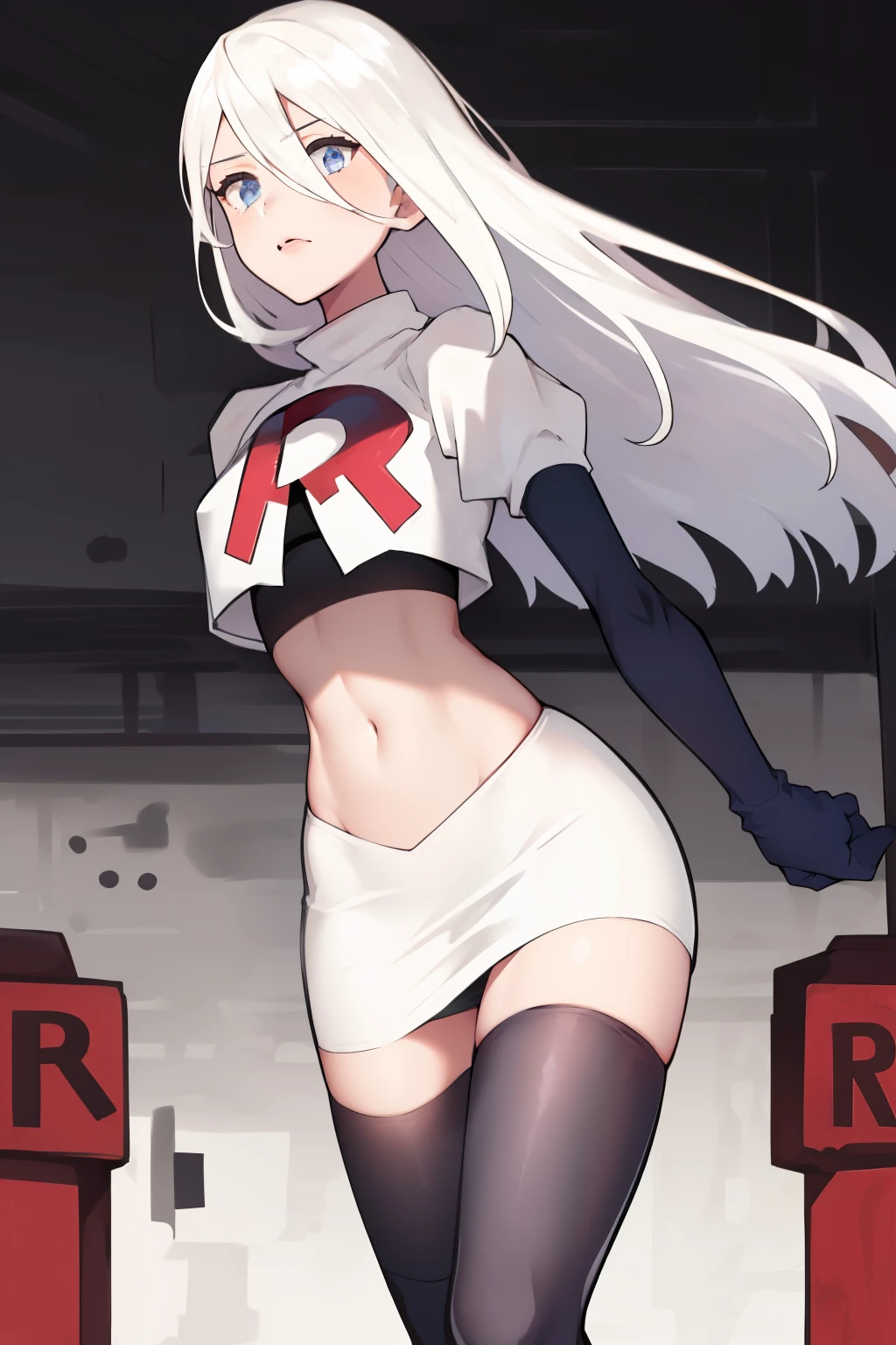 yorha type a no. 2, 1girl, absurdres,  android, blue eyes, hair between eyes, long hair, robot, solo, white hair, 

team rocket,team rocket uniform,white skirt,red letter R,crop top,black thigh-highs,black elbow gloves
