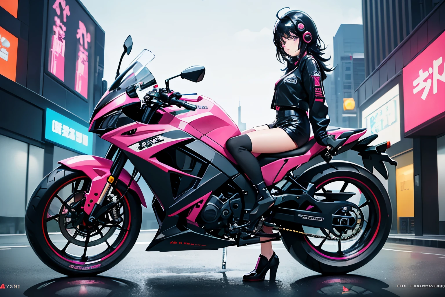 highest quality, 8K, masterpiece,1 girl, very cute girl,Suko Kusanagi, (black hair half helmet:1.3), (ride one bike,black pink motorcycle,),Cyberpunk world,night city,neon,