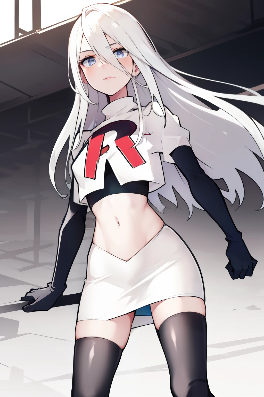 yorha type a no. 2, 1girl, absurdres,  android, blue eyes, hair between eyes, long hair, robot, solo, white hair, 

team rocket,team rocket uniform,white skirt,red letter R,crop top,black thigh-highs,black elbow gloves
