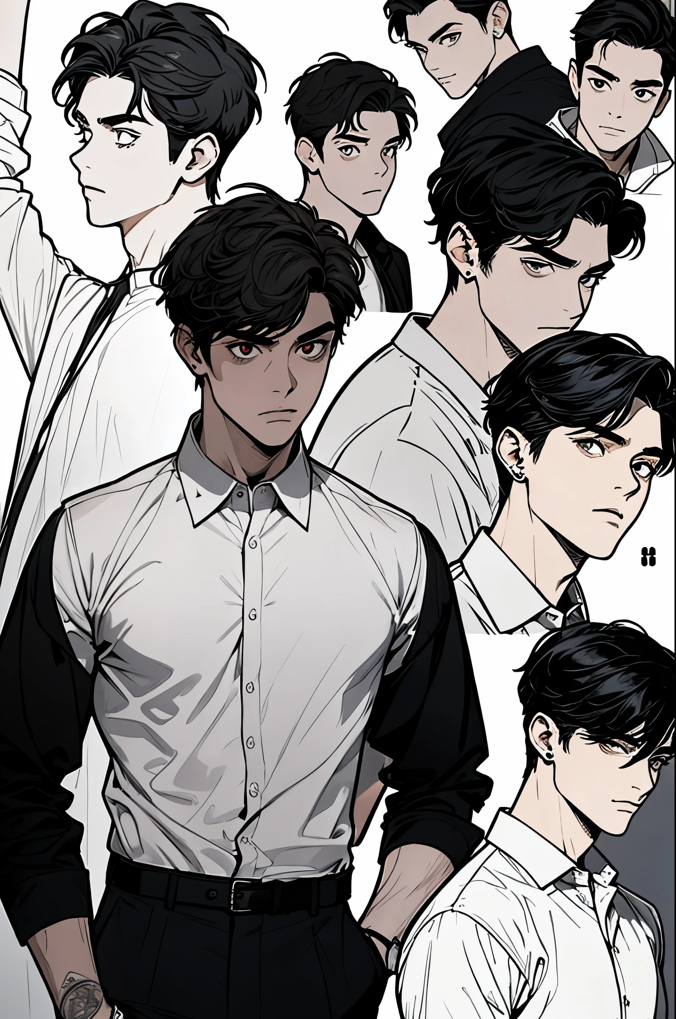 ((1boy)), black hair, detailed eyes, white shirt, handsome young man, 20 year old, emoji pack, multiple angles, 8 different angles, different emotions, same character, side profile, angry, screaming, showing teeth, grit teeth, looking up
