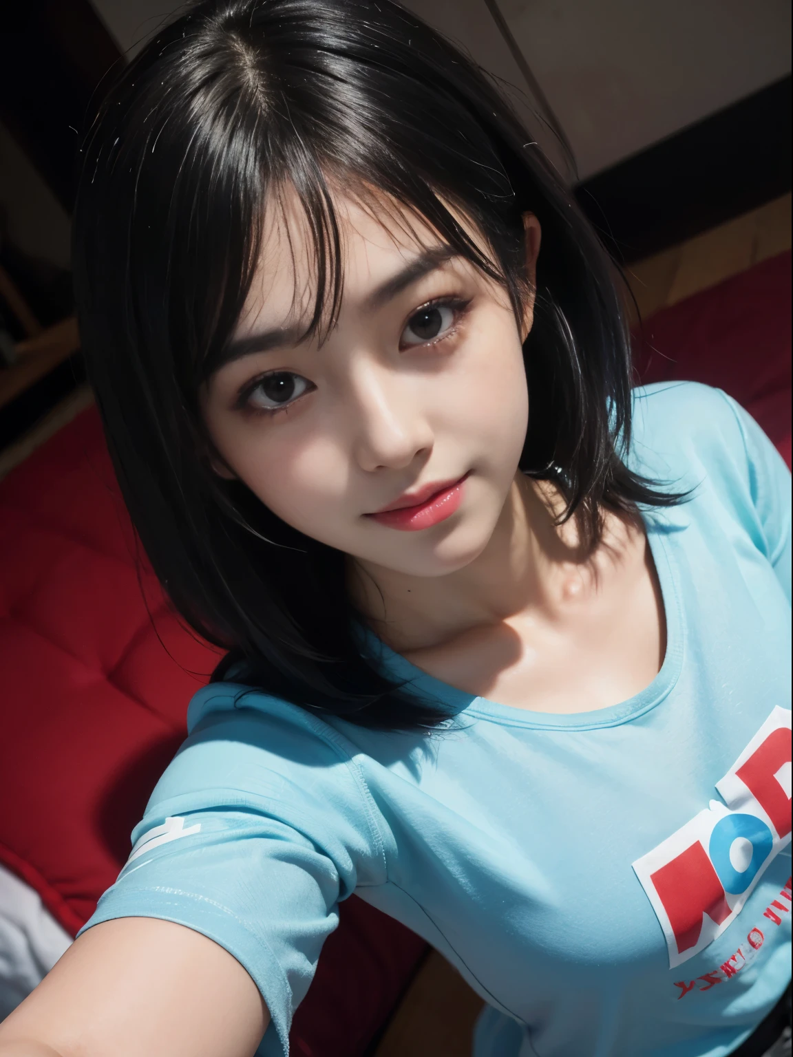 A girl wearing a large men&#39;s size T-shirt、The silhouette can be seen even from above the T-shirt.、Stand with open arms、Outstanding smile、bob hair、highly detailed face、Professional lighting for the face、Photoreal、Outstanding smile、(In 8K) ,fine skin、detailed hair、 master piece, (No retouching, lip gloss, false eyelashes, real skin, top quality, Super high resolution, Depth of bounds written, chromatic aberration, caustics, wide lighting, natural shading))korean idol、live action、ordering sauce、japanese model, Photographed with canon eoa 6 d mark ii, Photographed with canon eos 5 d mark iv, young gravure idol,