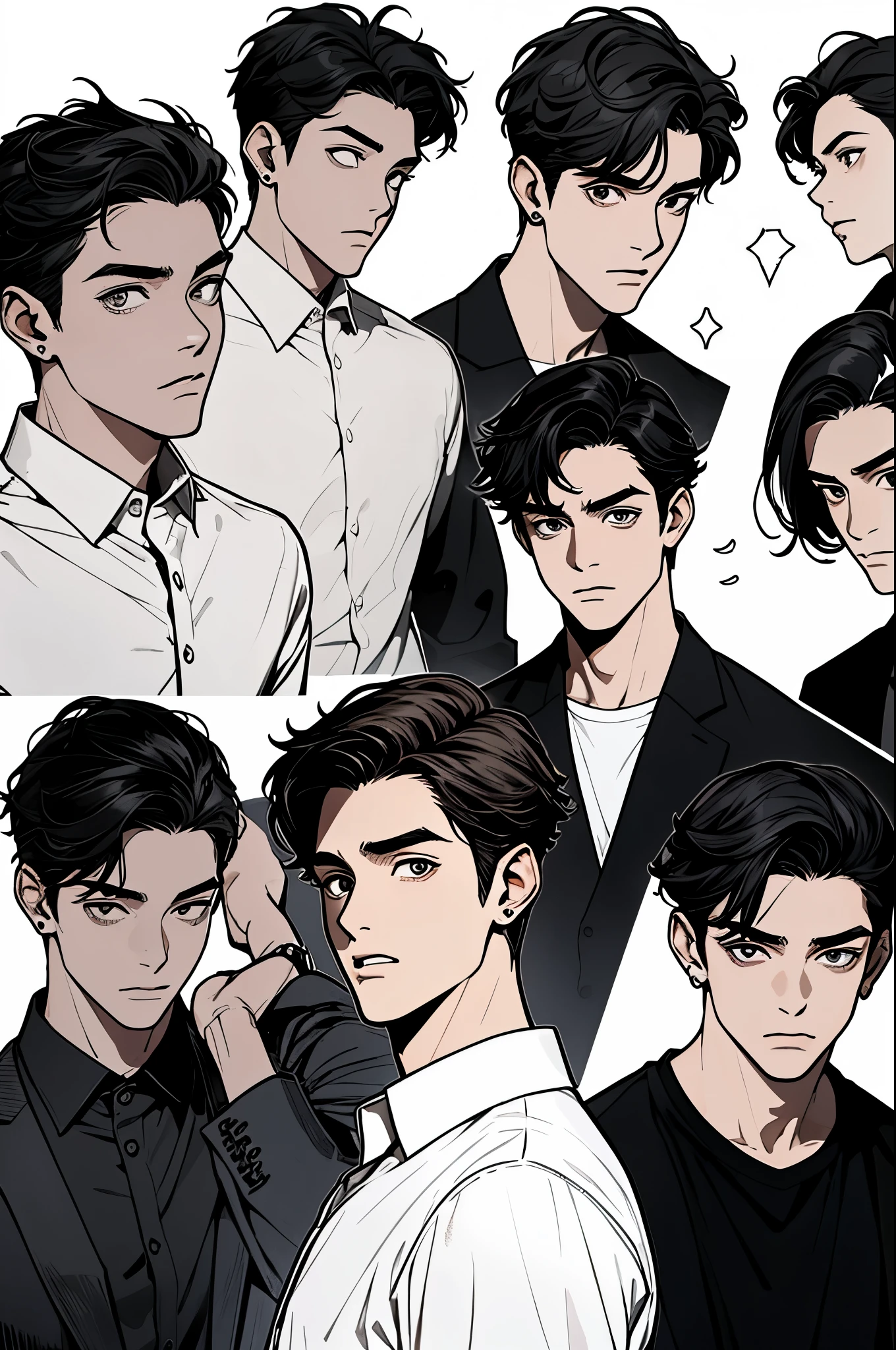 ((1boy)), black hair, detailed eyes, white shirt, handsome young man, 20 year old, emoji pack, multiple angles, 8 different angles, different emotions, same character, side profile, angry, screaming, showing teeth, grit teeth, looking up
