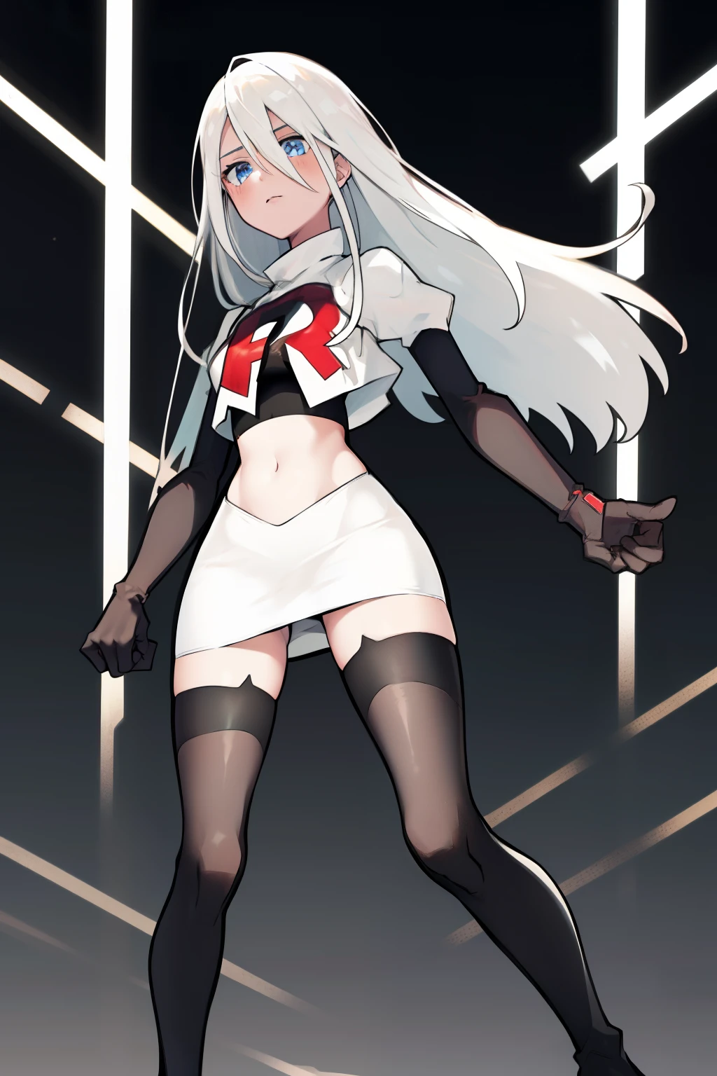 yorha type a no. 2, 1girl, absurdres,  android, blue eyes, hair between eyes, long hair, robot, solo, white hair, 

team rocket,team rocket uniform,white skirt,red letter R,crop top,black thigh-highs,black elbow gloves
