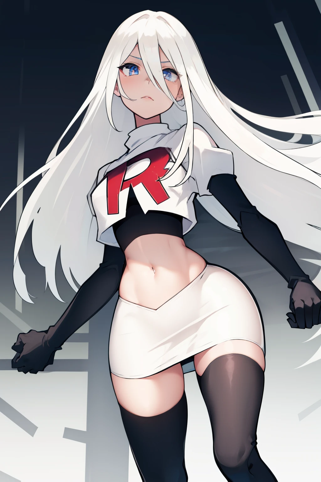 yorha type a no. 2, 1girl, absurdres,  android, blue eyes, hair between eyes, long hair, robot, solo, white hair, 

team rocket,team rocket uniform,white skirt,red letter R,crop top,black thigh-highs,black elbow gloves
