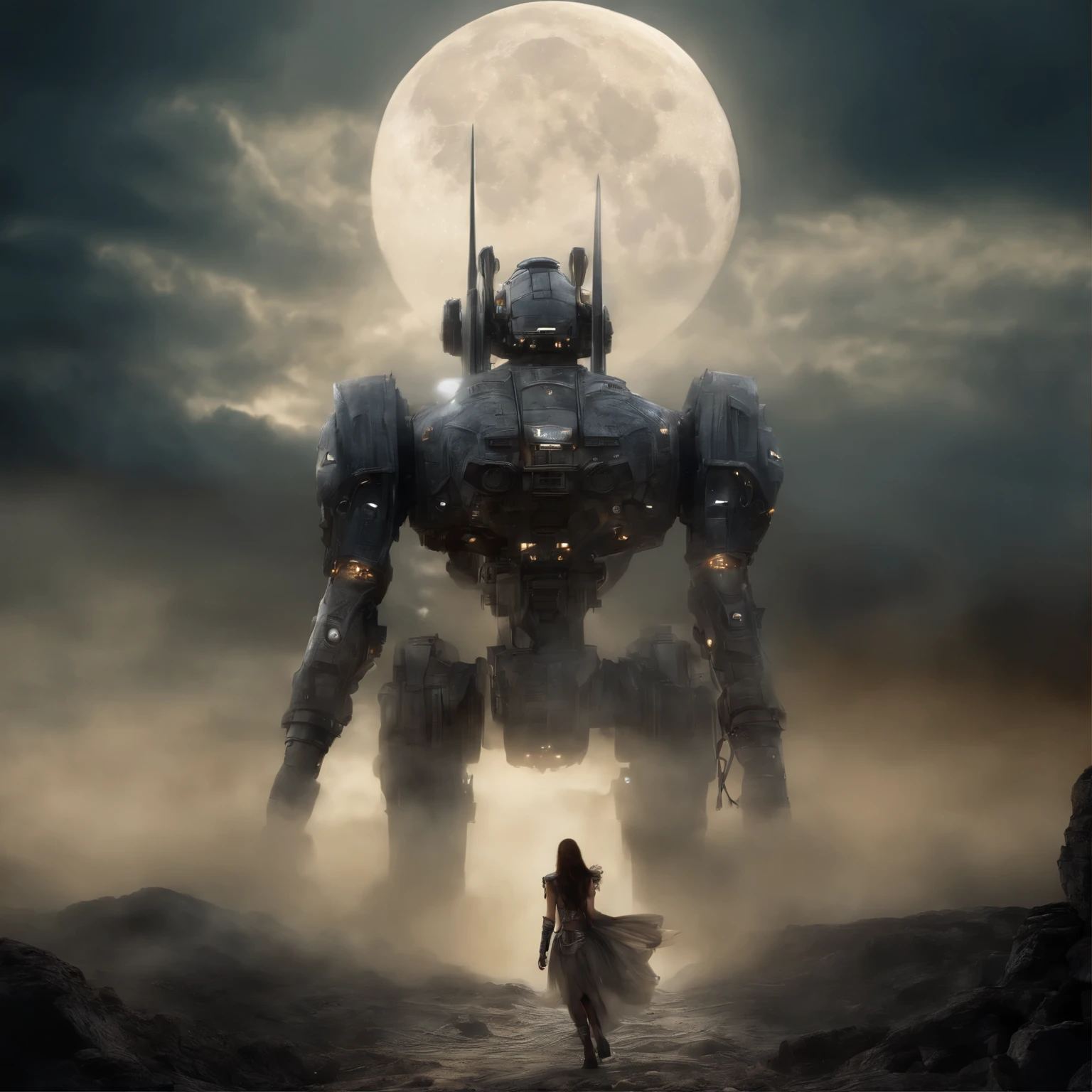 ((highest quality)), ((masterpiece)), (detailed), Sense of Wonder＆Cool giant high-tech mecha, horror beauty, Sit on the clouds, (fantasy illustration:1.3), captivating gaze, Otherworldly charm, mysterious sky, (Written by Luis Royo:1.2), (by Yoshitaka Amano:1.1), moon night, soft colors, (detailedな雲の風景:1.3), (High resolution:1.2)