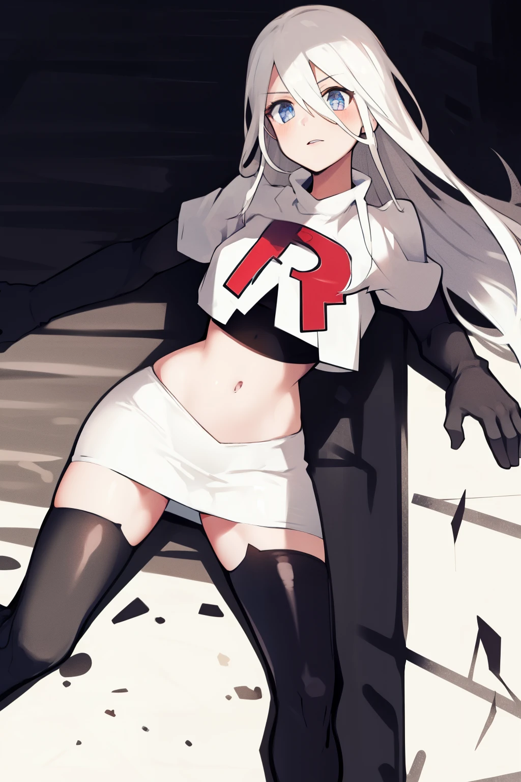 yorha type a no. 2, 1girl, absurdres,  android, blue eyes, hair between eyes, long hair, robot, solo, white hair, 

team rocket,team rocket uniform,white skirt,red letter R,crop top,black thigh-highs,black elbow gloves
