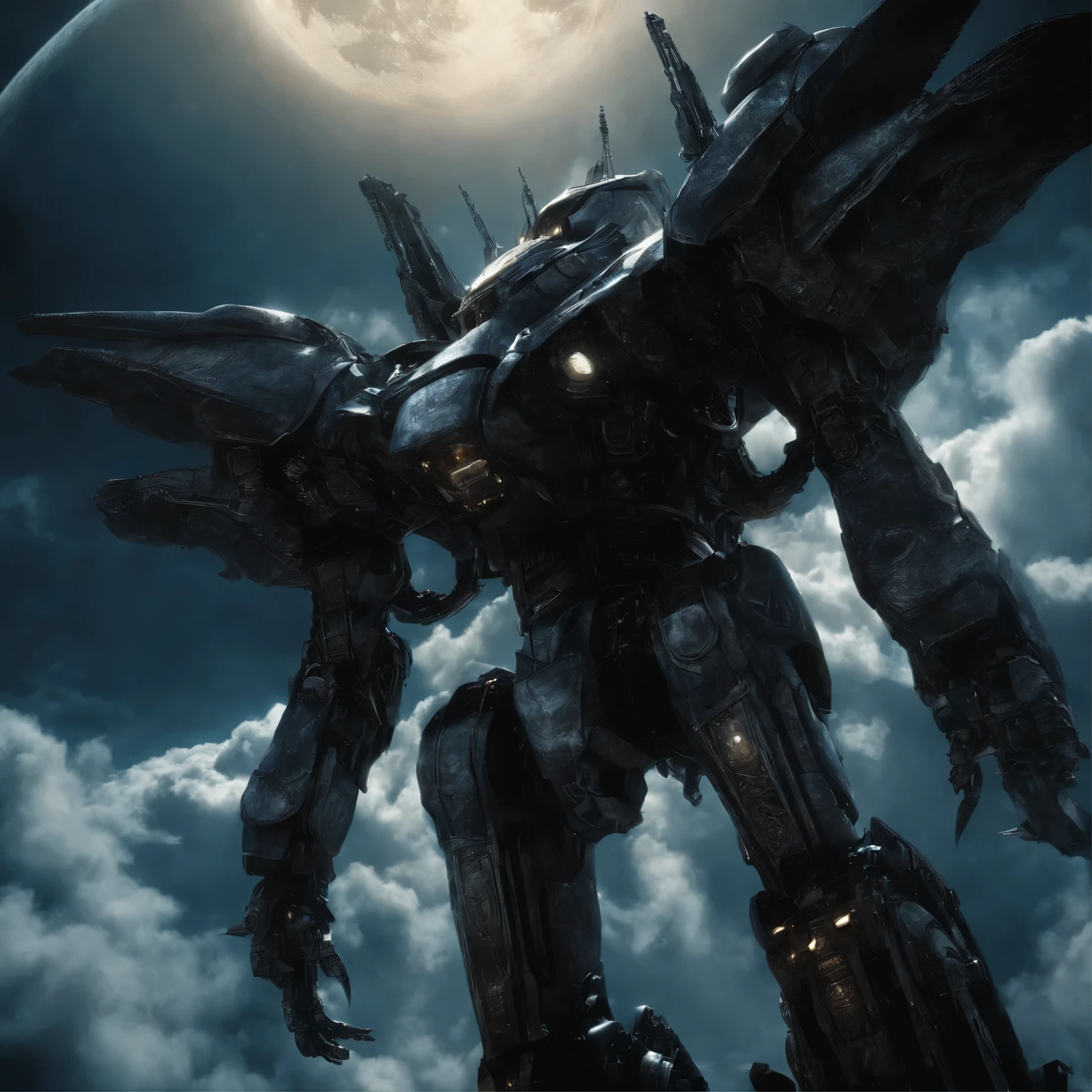 ((highest quality)), ((masterpiece)), (detailed), Sense of Wonder&Cool giant high-tech mecha, horror beauty, Sit on the clouds, (fantasy illustration:1.3), captivating gaze, Otherworldly charm, mysterious sky, (Written by Luis Royo:1.2), (by Yoshitaka Amano:1.1), moon night, soft colors, (detailedな雲の風景:1.3), (High resolution:1.2)