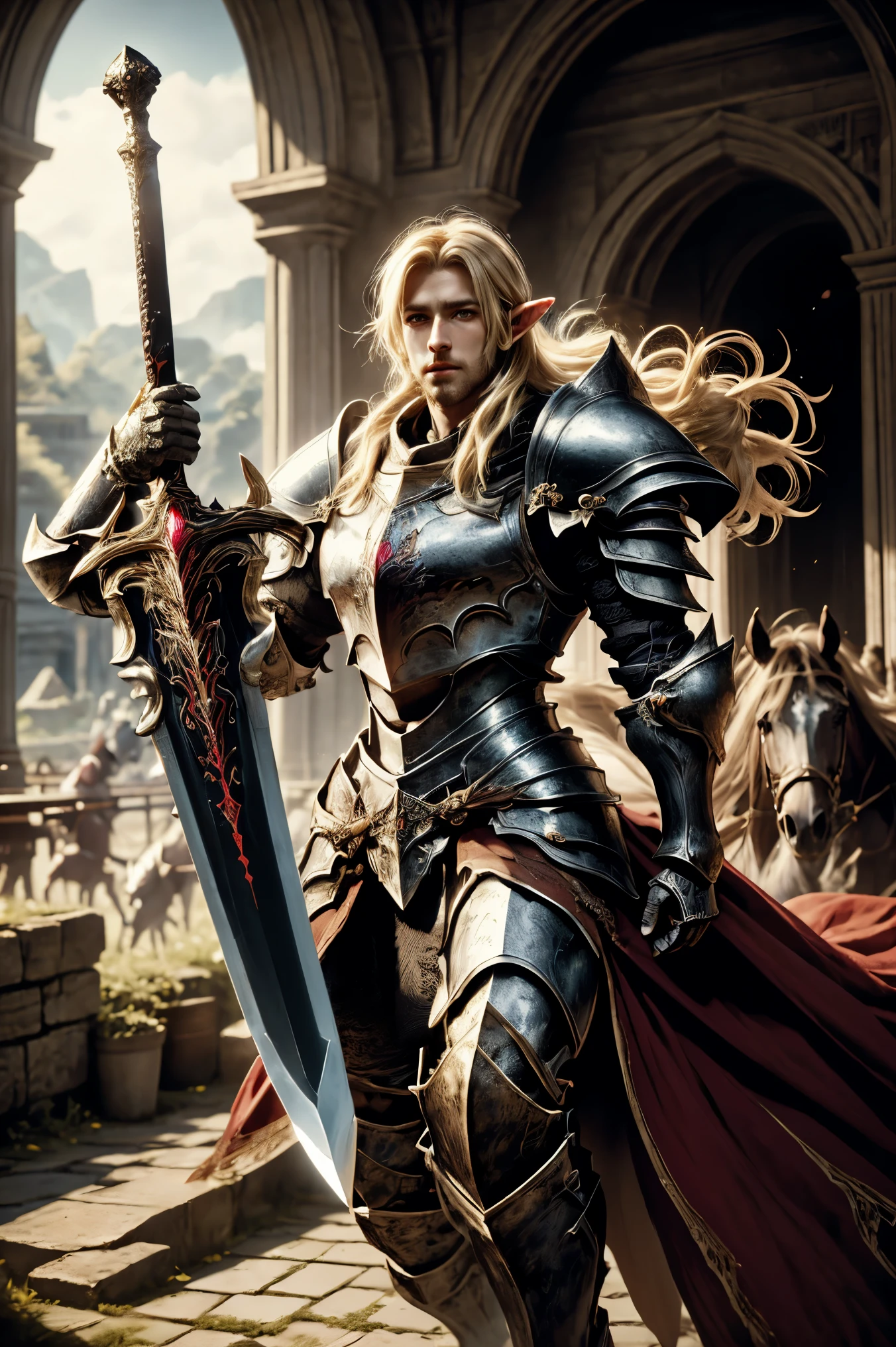 ultra detailed 8k, masterpiece, one men elf knight, riding horse, high elf,  detailed beutifull face, long blonde hair, plate armor, holding sword, perfect  horse legs