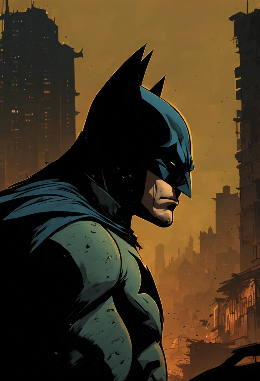 Mike Mignola Style - batman character in jakarta slum with tall building in background, MONAS in backgroud,comic quality, cinematic shot, dynamic angles, breathtaking background, comic style