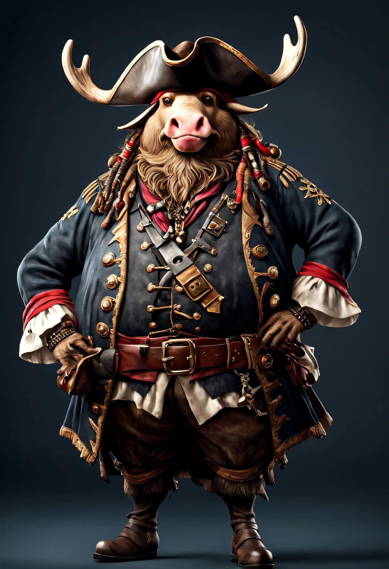 photorealistic portrait of Dressed animals - a ((fat)) moose pirate,(brave pose), high quality,(lovely) ,intricate details, highly detailed ((pirate's hat and clothes)) ,,highly detailed decorations, , (brave), studio lighting,(full body image:1.5)