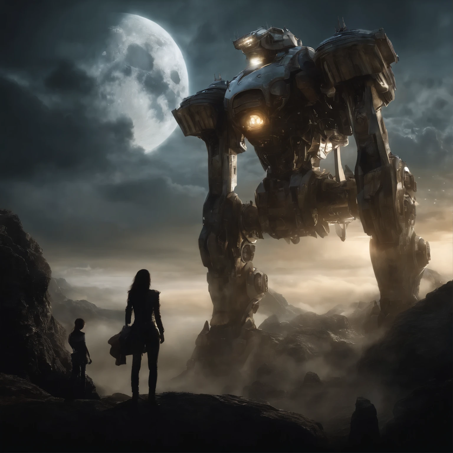 ((highest quality)), ((masterpiece)), (detailed), Sense of Wonder&Cool giant high-tech mecha, horror beauty, Sit on the clouds, (fantasy illustration:1.3), captivating gaze, Otherworldly charm, mysterious sky, (Written by Luis Royo:1.2), (by Yoshitaka Amano:1.1), moon night, soft colors, (detailedな雲の風景:1.3), (High resolution:1.2)
