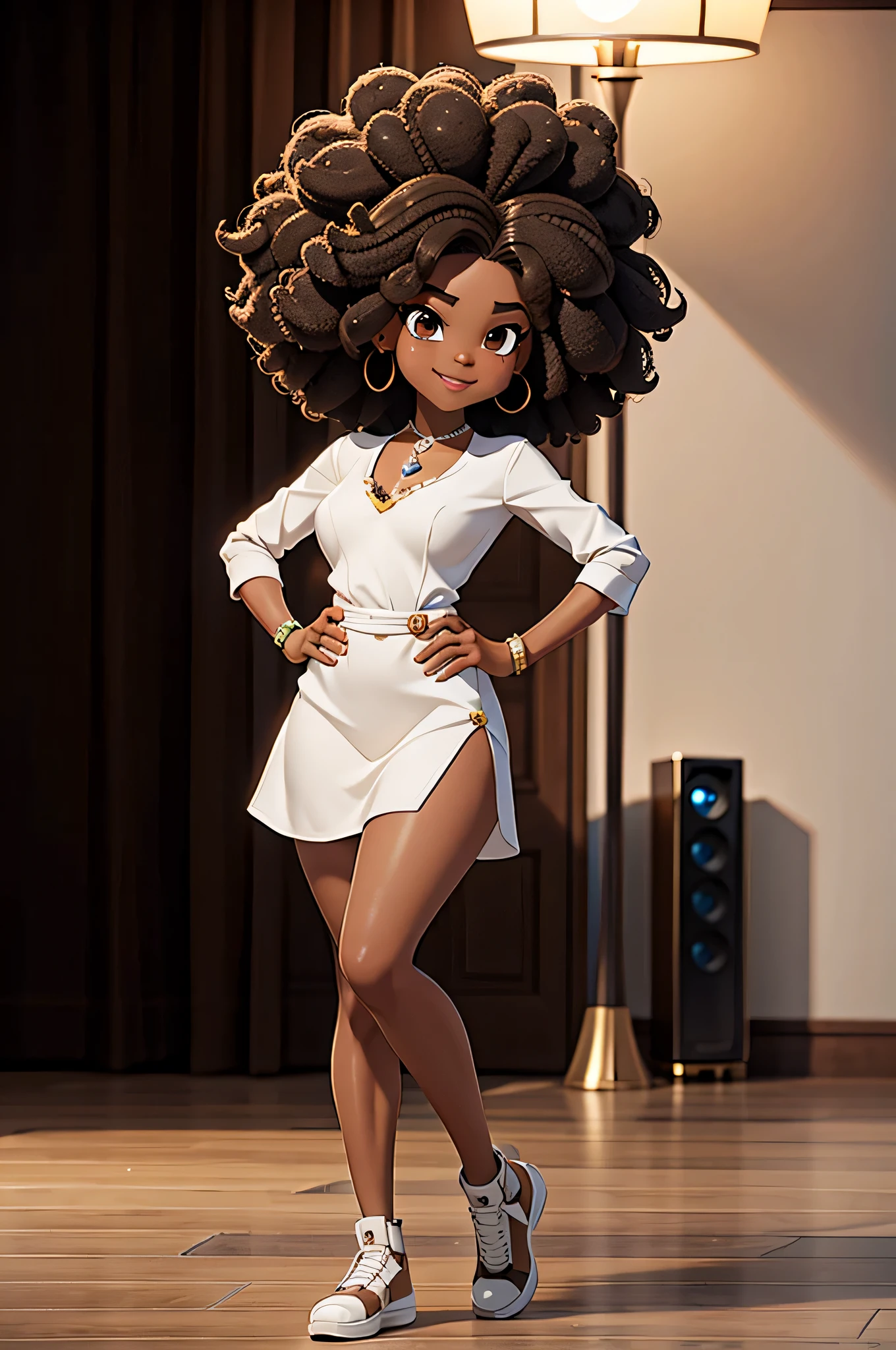 HD, dark skinned, young girl, age 8, humanoid, honey, brown eyes, (((brown eyes))), black afro hair, (((afro hair))), Jackie Parris, ((((Jackie Parris)))), full body cgsociety, 3 d character art, full character body, detailed full body concept, stylized character, erotica, ((young girl, 1girl, age 8)), ((complex detailed background, ballroom, outside)), chubby, small, short, action pose, smiling, wearing a fancy evening dress