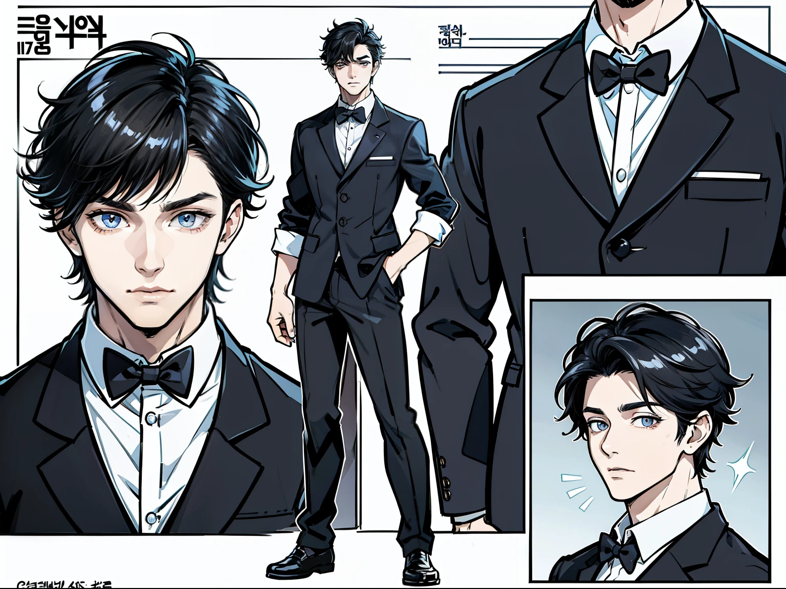 ((Masterpiece, Highest quality)), Male, boy, Detailed face, character design sheet, full body, Full of details, 6 different angles, Highly detailed, Depth, Many parts, boy with short black hair, handsome man, school uniform, man tall, webtoon, korean, ultra detailed eyes, ultra details, ultra quality, ultra detailed face, school uniform with a white shirt and black pants