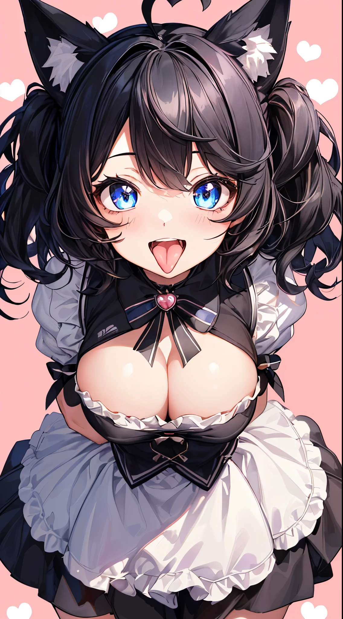 looking at the viewer, 1 girl, open your mouth, smile, Virtual YouTuber、with a girl、((highest quality, expensive_solve, clear_image)),(black hair), (black cat ears), (Ahoge), (ridiculously short hair), (wavy hair), (blue eyes),、laughter、very big breasts,valentine&#39;s day、stuck out tongue