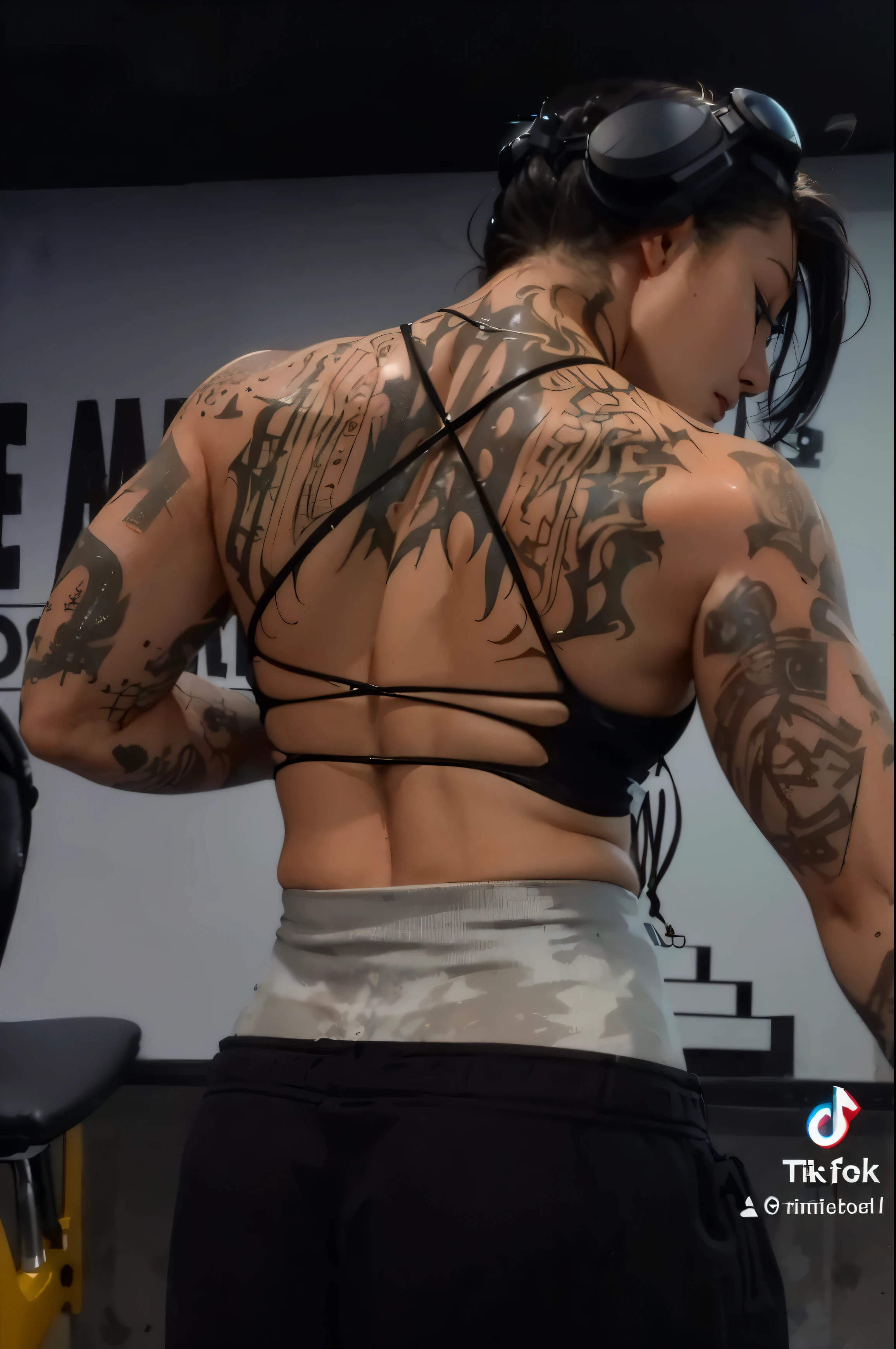 arafed woman with a tattoo on her back and a pair of goggles on, focus her back, shot from the back, back pose, showing her shoulder from back, from the back, full growth from the back, her back is to us, lower back, toned derriere, view from the back, backview, long shot from the back, backshot