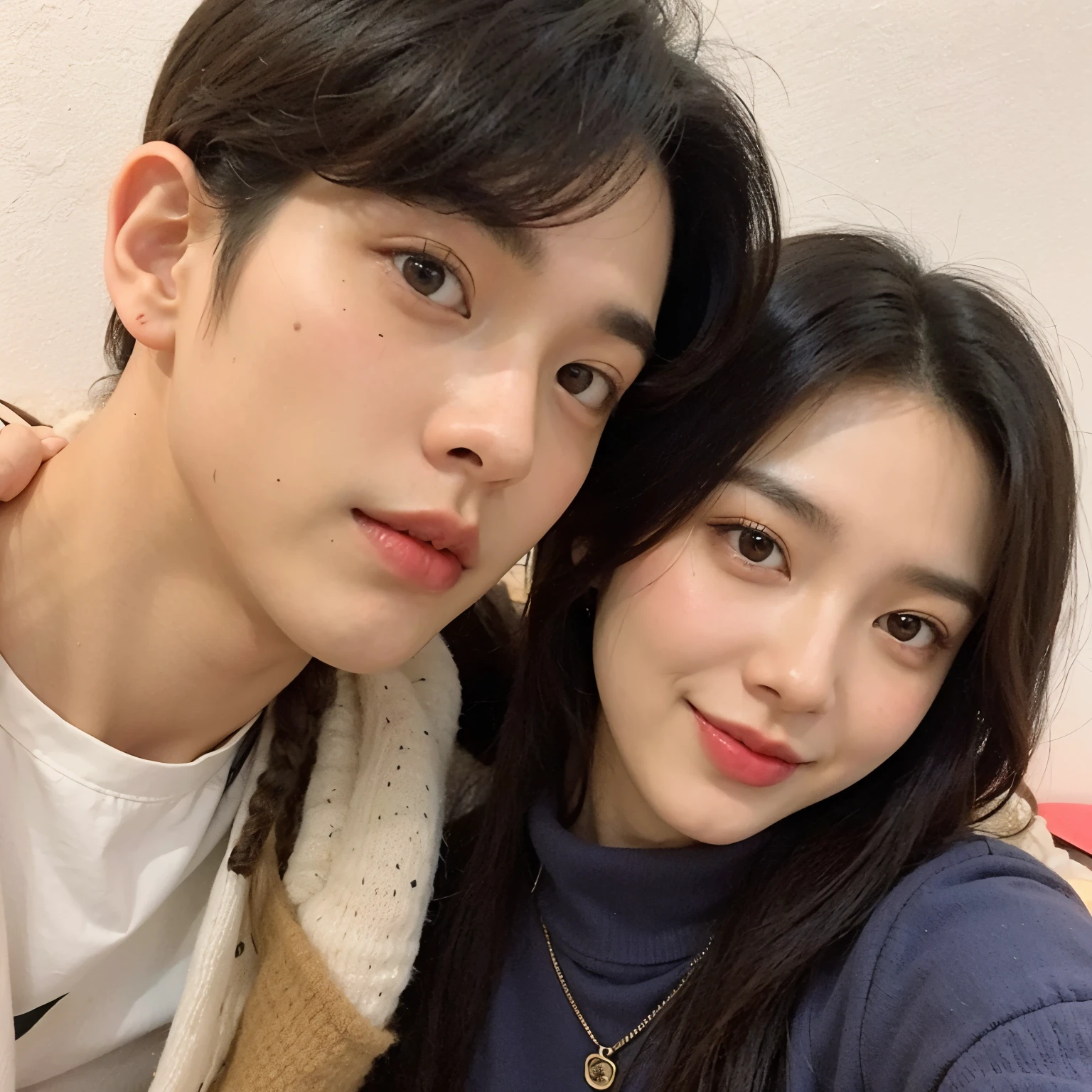 There are two people posing together for a photo in a room, kim doyoung, Jinyoung Shin, ulzzang, jaeyeon nam, imagen filtrada, jia, de mi parte, foto de perfil, pareja adorable, shin jeongho, TaeJune Kim, sha xi, Won Bin Lee, con hiedra, yanjun chengt, con negro, con ella larga, Taehyung bts, mina twice