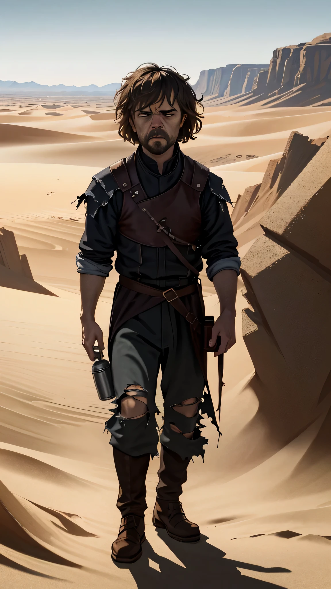 postapocalypse, Peter Dinklage as Tyrion Lannister, worn and torn clothes, drinking water from a flask, in a desert, 1man, solo, full body view, beautiful detailed glow, detailed, cinematic light, intricate detail, realistic, highres, detailed face, detailed eye, detailed facial features, high detail, sharp focus, smooth, aesthetic, extremely detailed, stamp, octane render
