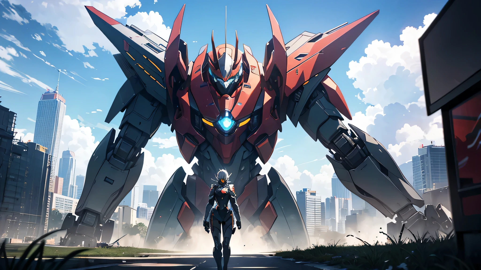 anime character looking at a giant robot in a city, anime mecha aesthetic, mecha asthetic, modern mecha anime, mecha anime, ethereal and mecha theme, cool mecha style, discarded mech in background, badass anime 8 k, 4k anime wallpaper, makoto shinkai and bioware, 4 k manga wallpaper, mecha art, When I see the TV, there is a news about new powered suits that was just deployed by the Ground Army Self Defence Forces. Kouki points at the tv and ask if that’s a robot.
I was quite surprised, but I know that mechanical suits is a thing for boys