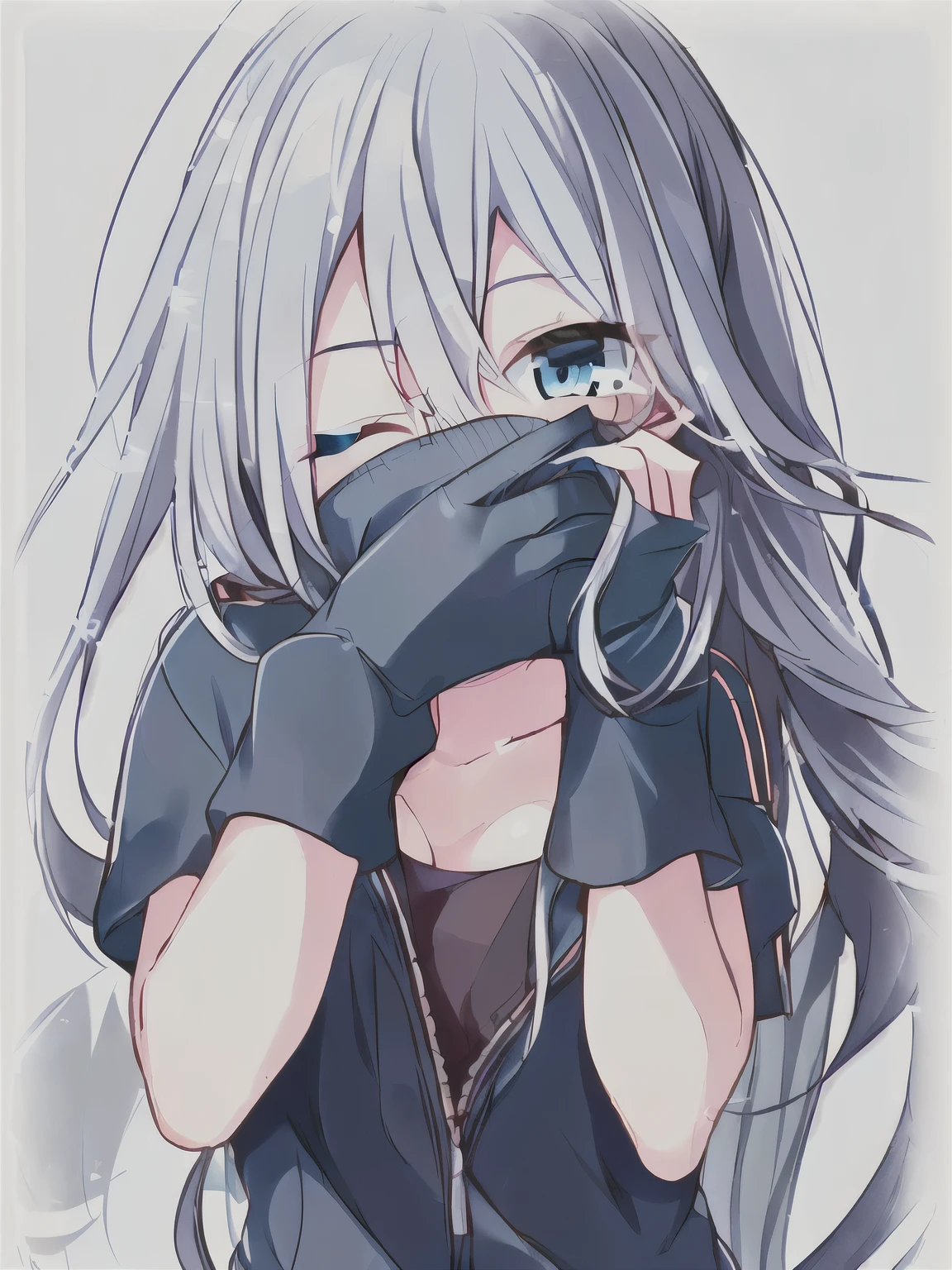 ((A girl covers her entire nose with her hand)),1girl, yoka, 1girl, ((long hair, blue eyes, very long hair, grey hair, blue hair, hair between eyes, I&#39;m covering my nose with my hand,covering face ,cover your face with your hands,cover your nose with your hand,covering all face with hand,((I cover my entire face with my hands)),Yosaki Kanade,half  closed eye,winking  eye,one eye closed,covering mouth with hand 