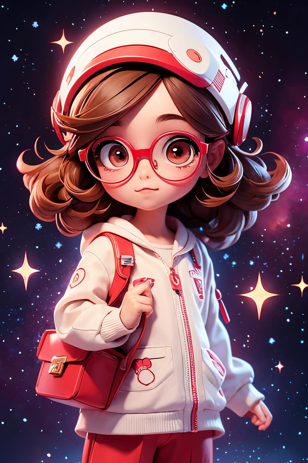 Chibi girl teaching cosmology、red glasses、Galaxy painting on background