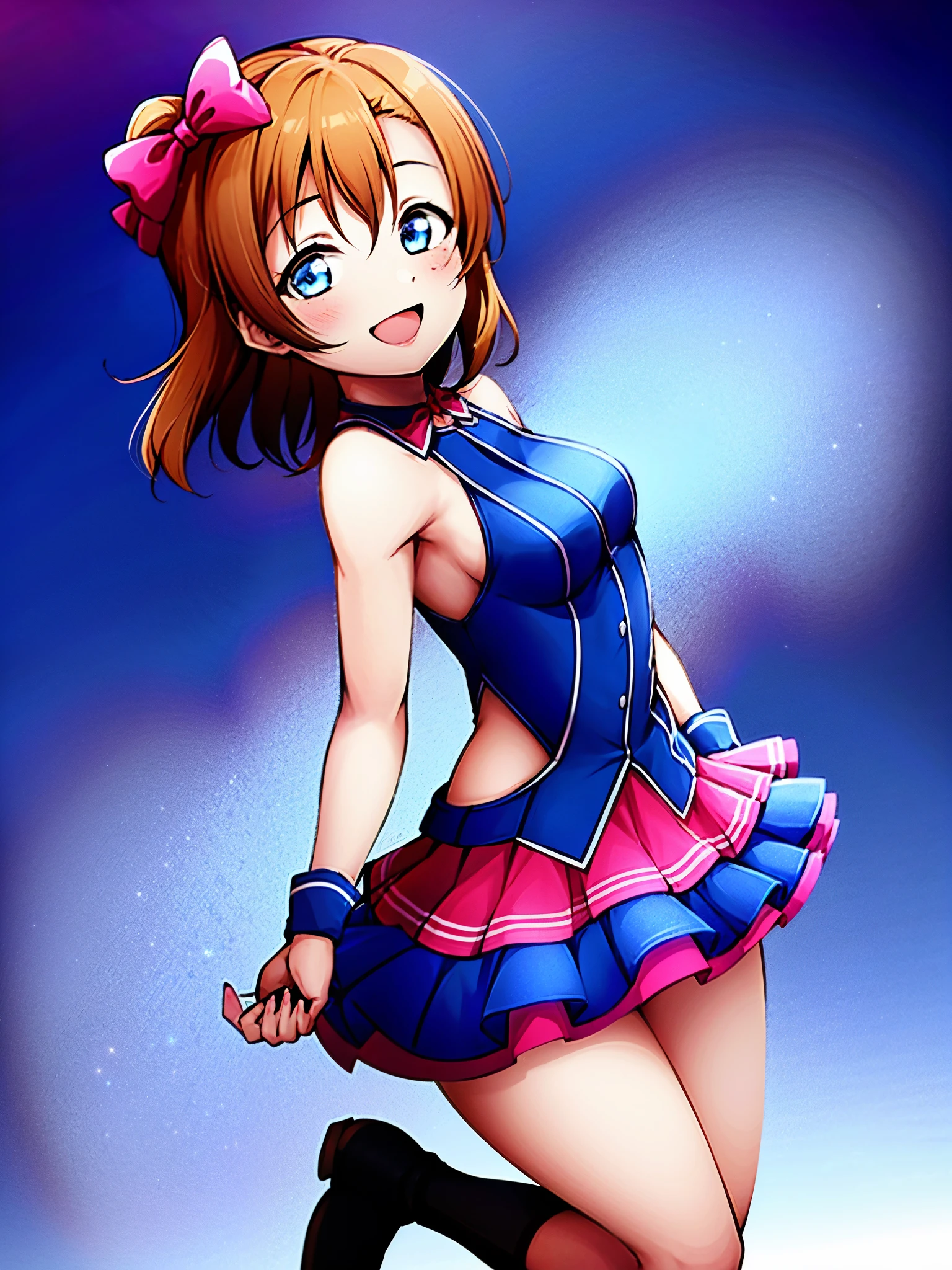 1girl, solo,(best quality),(masterpiece:1.1), kousaka honoka, superhero, leotard, bare legs, boots, gloves, hands on hip, looking_at_viewer, wink, smile, blue eyes, city backdrop, cute, clear facial skin