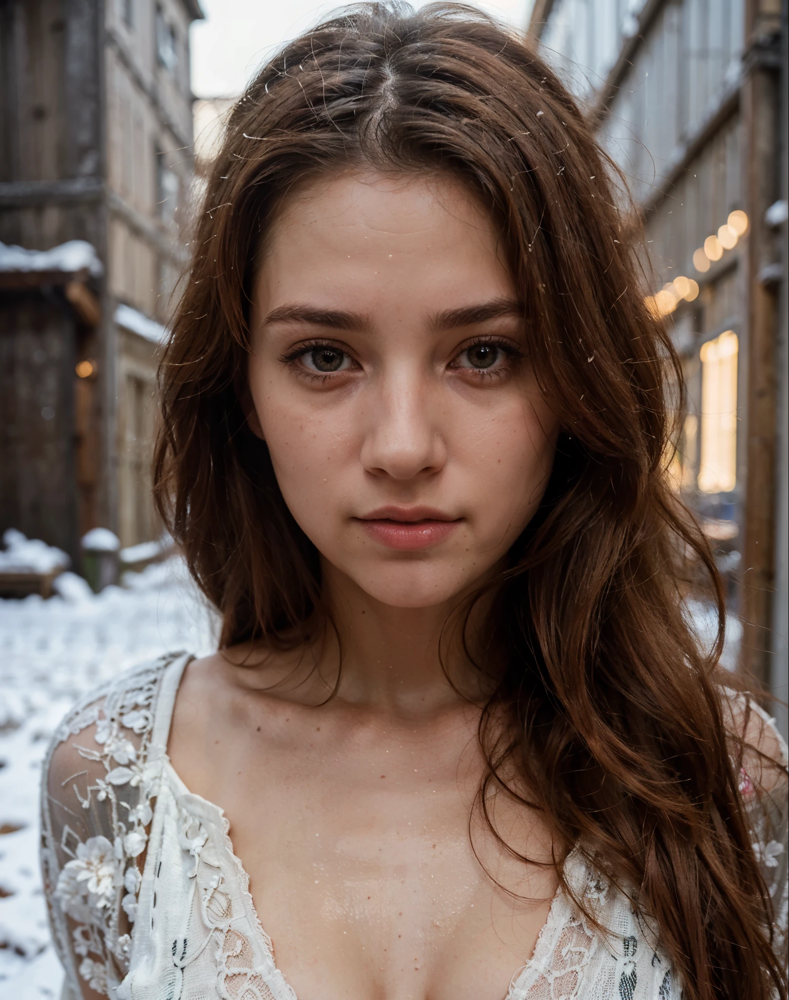 Photo of a young moldavian woman in her 20s, .RAW, Beautiful woman, (extra long wavy copper shimmer hair), ((portrait)), ((detailed facial features:1. 2))), ((detailed facial features)), (finely detailed skin), pale skin, (cool colour), damp, moist, Reflectors, (masutepiece) (perfect proportions)(realistic photos)(best quality) (indirect) shot on a Canon EOS R5, 50mm Lens, F/2. 8, (8k) (cinematic exposure) (dramatic exposure) (sharp focus) (intricate) mode, outside in the snow, mountains in the background, nice ass, SFW