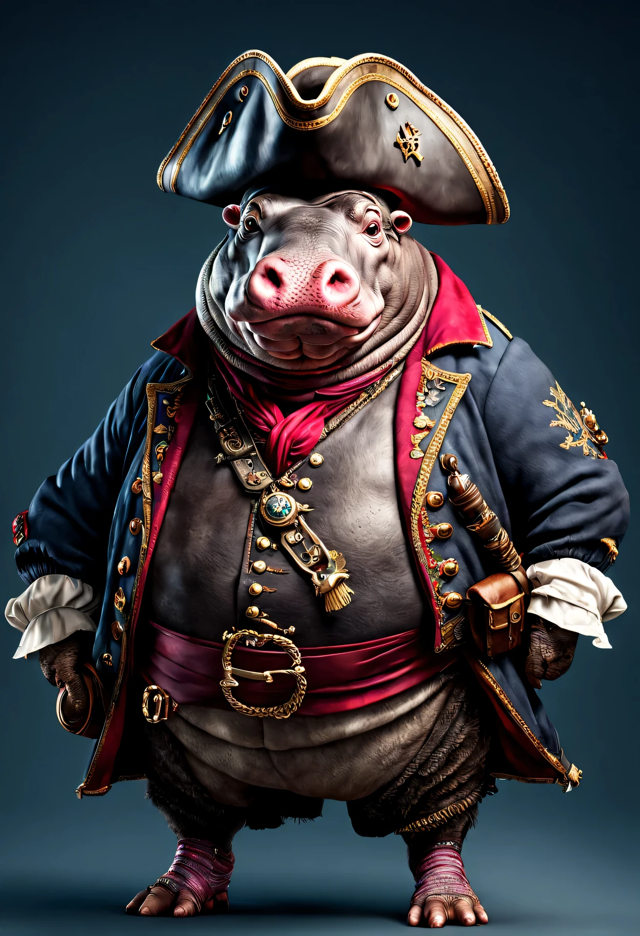 photorealistic portrait of Dressed animals - a ((fat)) hippo pirate,(brave pose), high quality,(lovely) ,intricate details, highly detailed ((pirate's hat and clothes)) ,,highly detailed decorations, , (brave), studio lighting,(full body image:1.5)