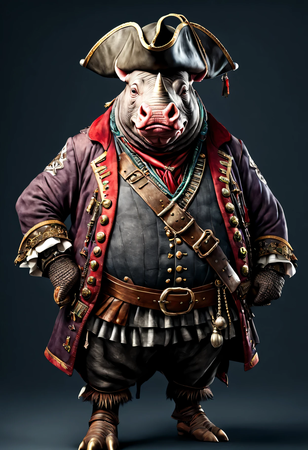photorealistic portrait of Dressed animals - a ((fat)) rhino pirate,(brave pose), high quality,(lovely) ,intricate details, highly detailed ((pirate's hat and clothes)) ,,highly detailed decorations, , (brave), studio lighting,(full body image:1.5)