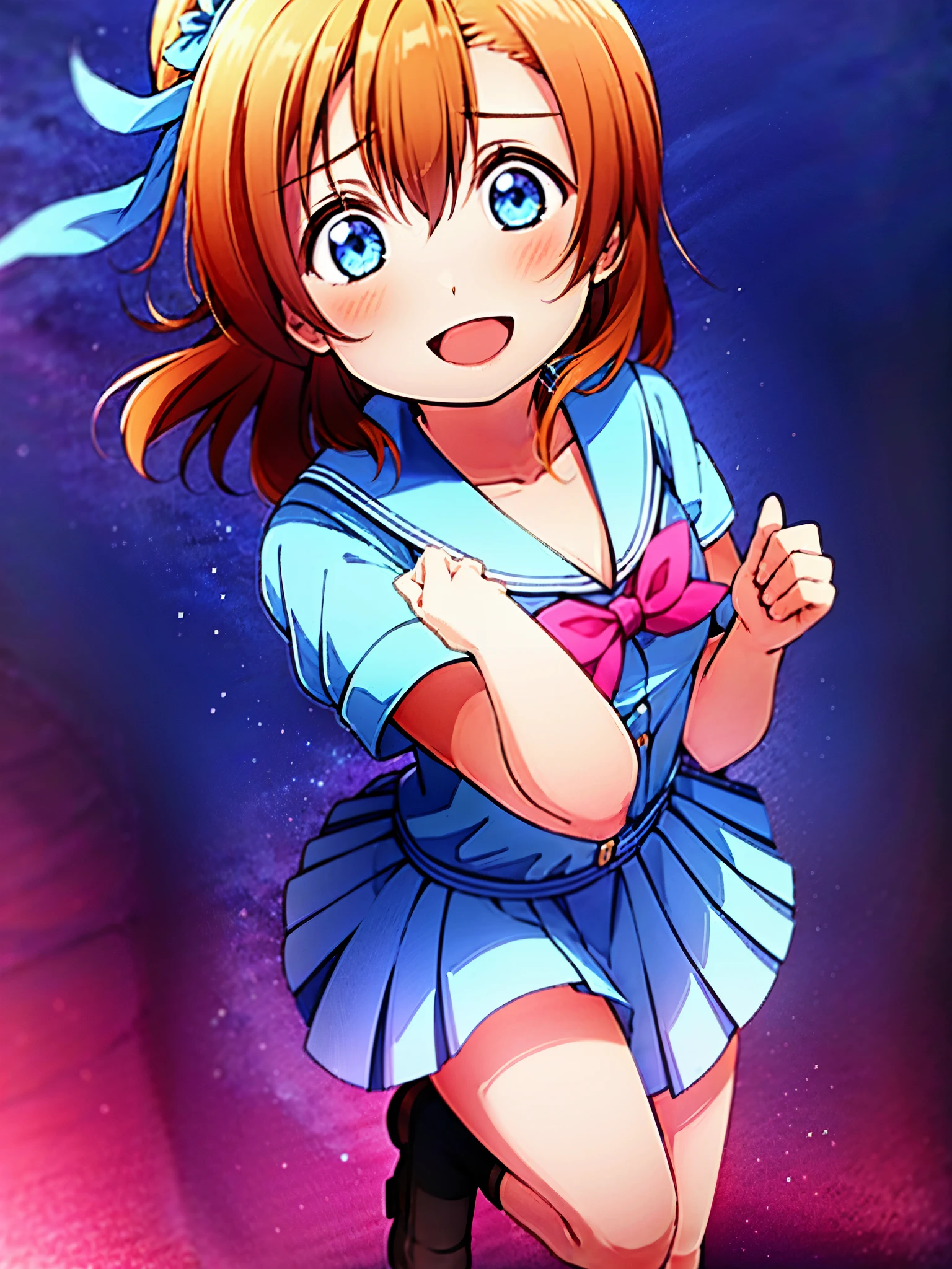 1girl, solo,(best quality),(masterpiece:1.1),blue (school uniform:1.4),dress, looking_at_viewer, neck_ribbon, smile, black eyes , studio background, cute, clear facial skin