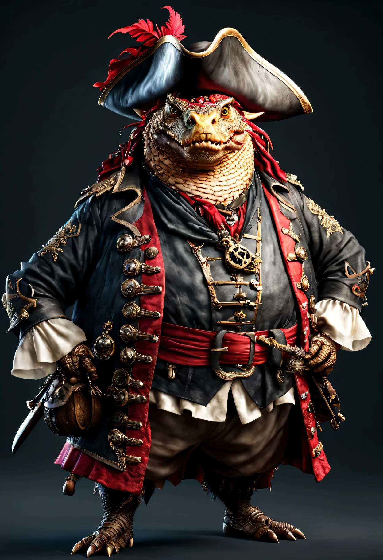 photorealistic portrait of Dressed animals - a ((fat)) dragon pirate,(brave pose), high quality,(lovely) ,intricate details, highly detailed ((pirate's hat and clothes)) ,,highly detailed decorations, , (brave), studio lighting,(full body image:1.5)
