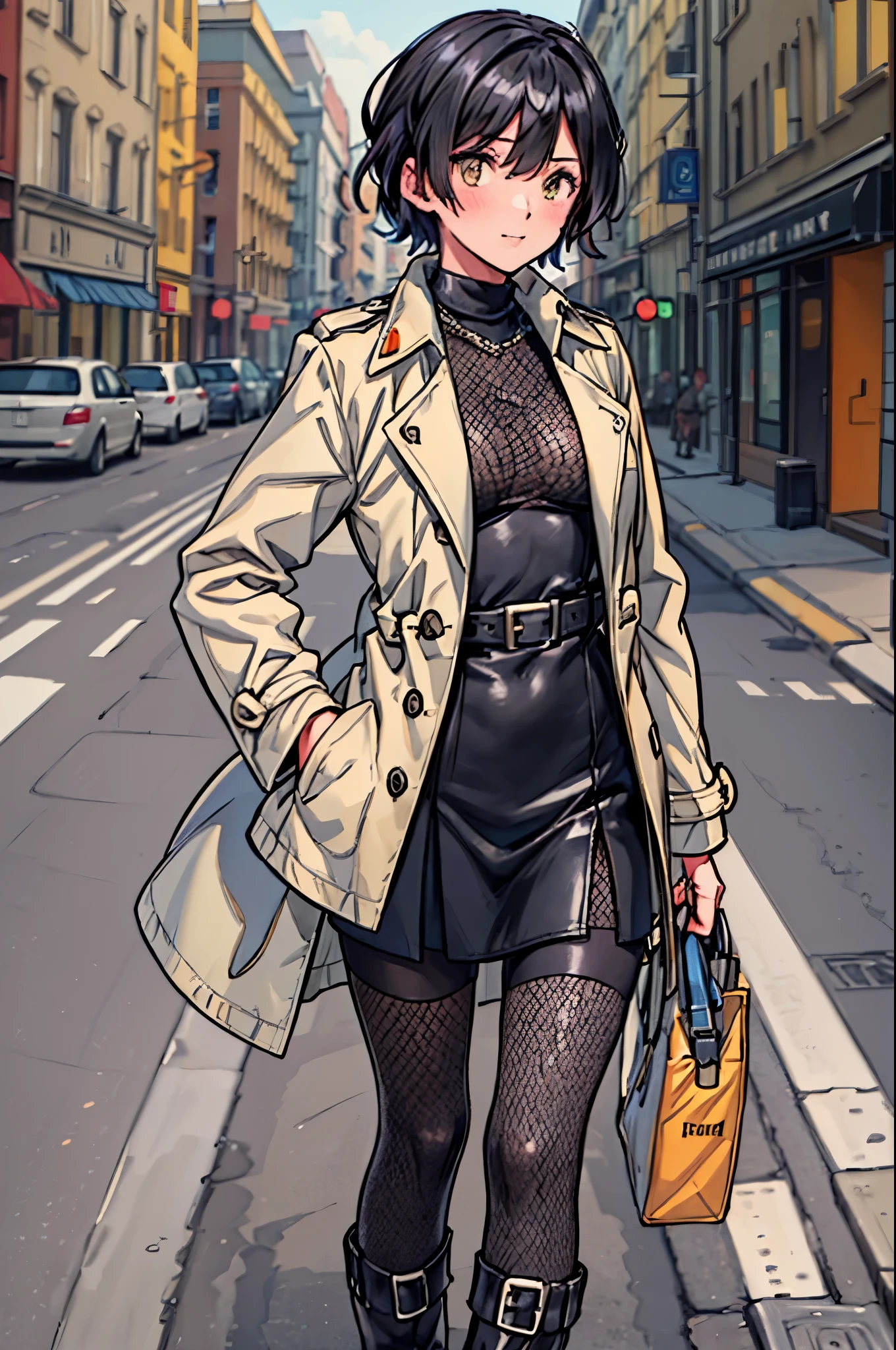 best quality,ultra-detailed,((full body)),((one boy)),((fem boy)),((trap)),((bulge)),black-choker,((blonde short hair)),((man’s face)),((dress up as a woman)),((blush)),((flustred)),((poor chest)),((flat chest)),(trench coat),(black-mesh-tops),(high-heel-long boots in-black),((having a shoulder-bag)),vibrant colors,soft lighting,((background:street))