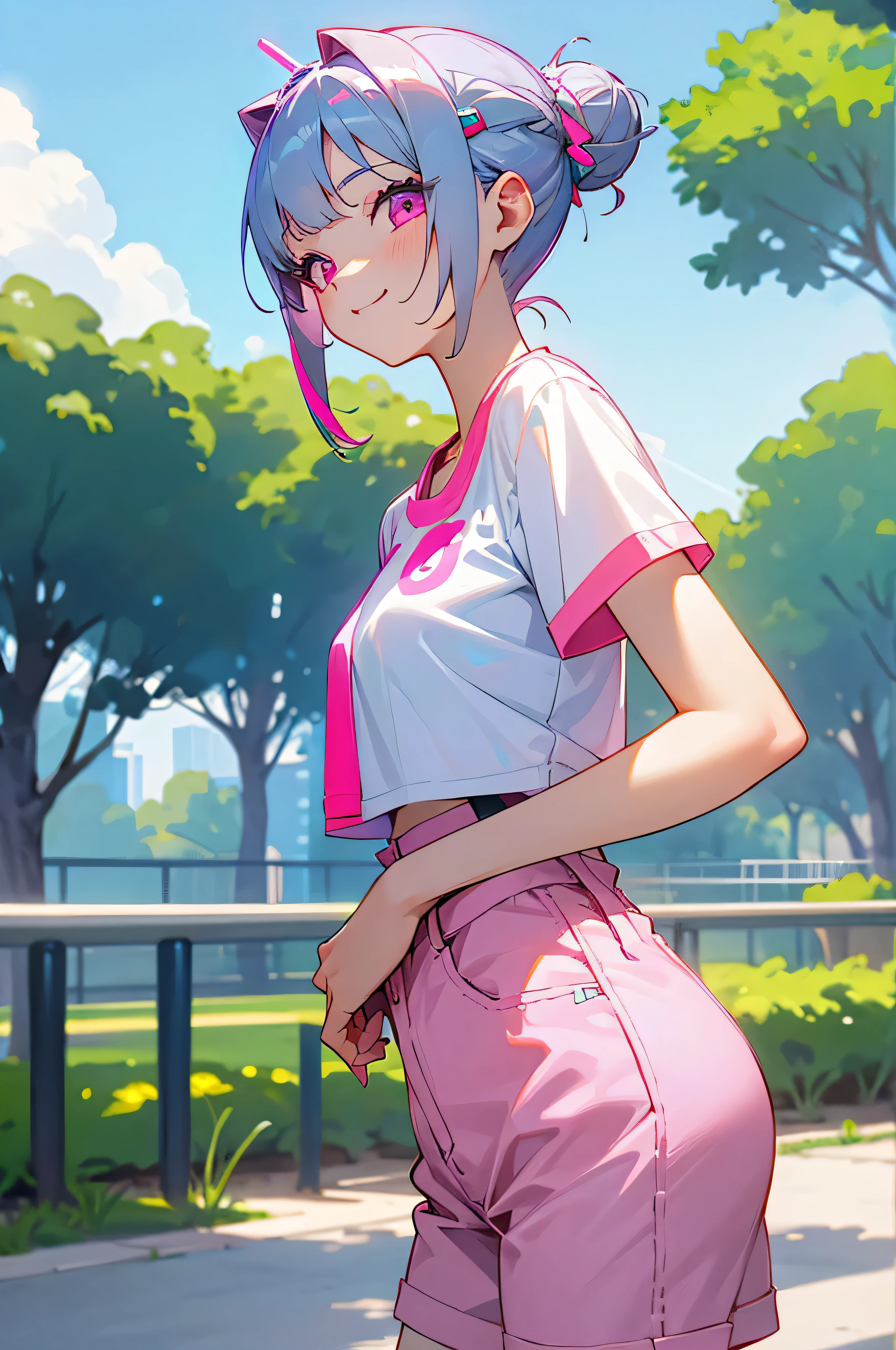 17 years old girl、neon,silber hair、short-cut, Hair bun, hair clips、Pink eyes、、white t-shirts、shortpants、blue-sky、Large park background、A slight smil