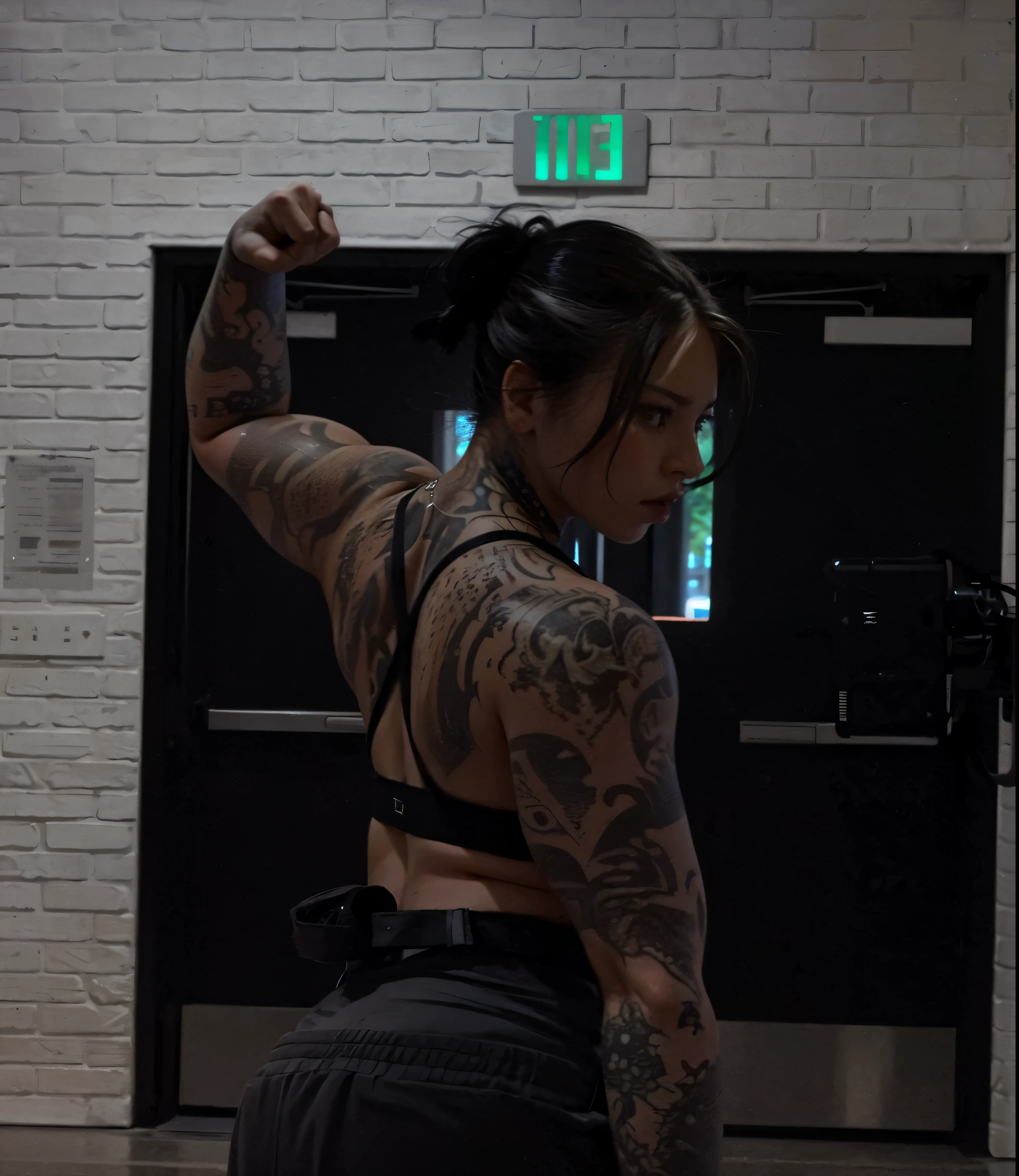 there is a woman with tattoos on her arms and arms, profile image, shot from the back, upper body shot, badass pose, strong pose, photo from the back, showing her shoulder from back, inked, arms behind back, tattooed, full upper body, view from the back, from the back, middle body shot, strong woman, back pose