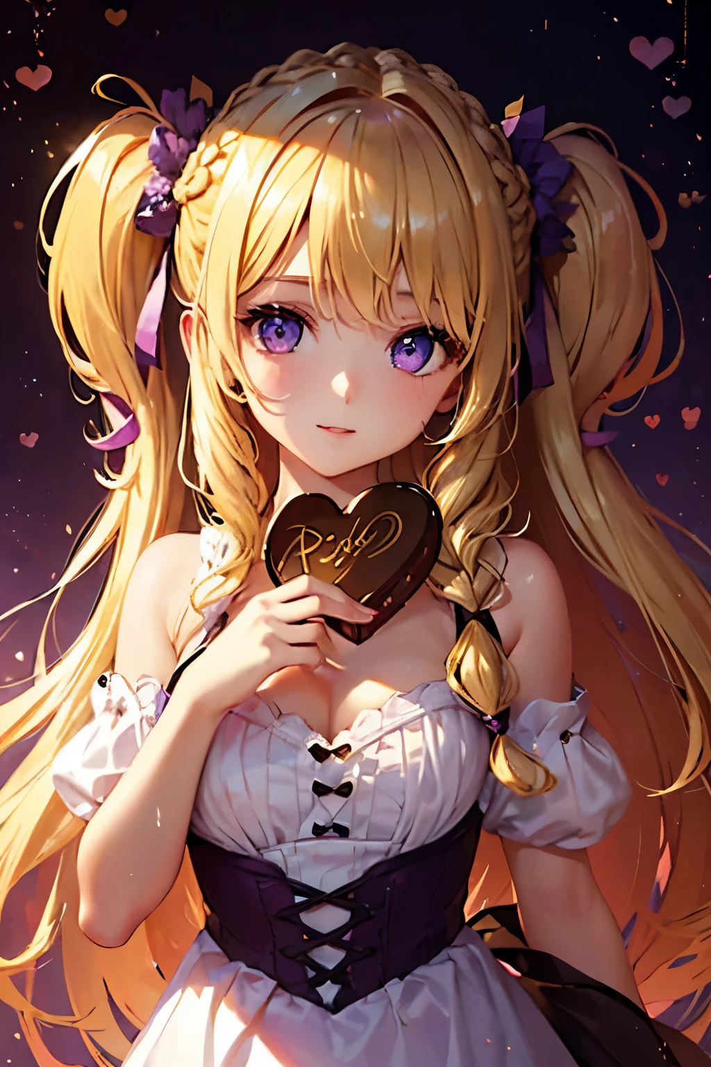 1girl,sense of deps,disorganized,catch light,Super beautiful illustrations,(chocolate,heart,Hold in hand),valentine's day,((beautiful blonde,Two Side Up Hairstyles:1.3)),((Beautiful purple eyes:1.2)),;D,beautiful and delicate flowing hair,emphasized chest