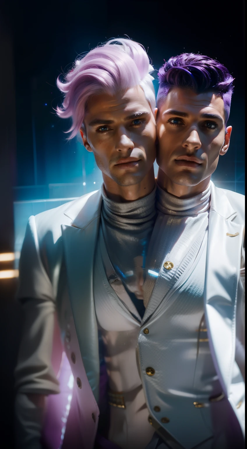 (((2heads))), conjoined dicephalus,adult man with a pink hai mohawk next to a man with a high purple ponytail, golden eyes, white suit with gold elements, Masterpiece, hiquality, delicate face with soft features, soft skin, long eyelashes, , realistic, 8k