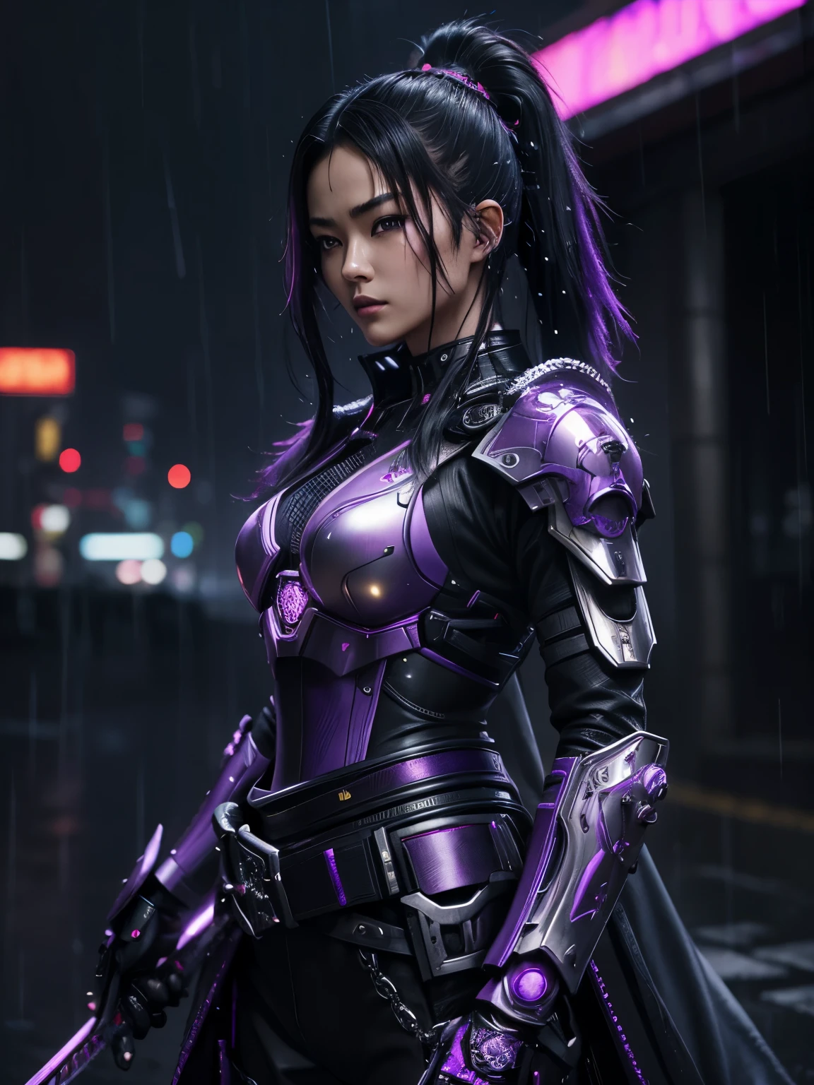 Portrait cinematic view intricate details of chromatic purple and black cyberpunk android body of Samurai women holding his plasma katana, fighting mode, detailed bright glow eyes, standing with pride, under a raining daylight, his extreme details metallic armor shining brimming and reflecting the top light, sharp focus,rain drop blur abstract background
