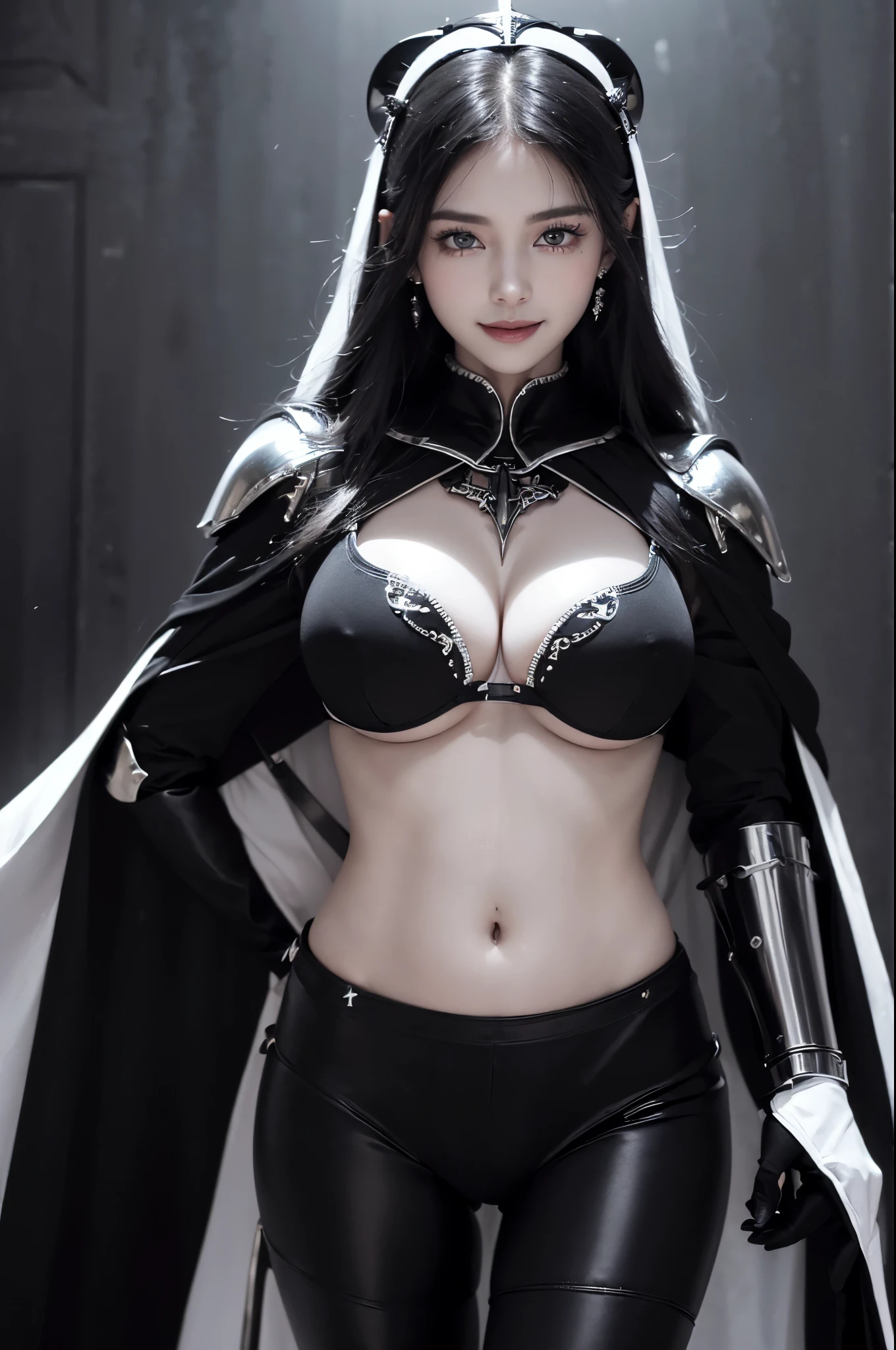 K, masterpiece, Raw photo, Best Quality, Photorealistic, Highly detailed CG Unity 8k wallpaper, depth of fields, Cinematic Light, Lens Flare, Ray tracing, (Extremely beautiful face, Beautiful lips, Beautiful eyes), intricate detail face, ((Ultra detailed skin)) 1girl in, In the Dark, deep shadow, charming Russian model Nata Lee, ((Looking at Viewer)), light blonde hair, (Ponytail), Beautiful and sexy young witch, wearing a hood (seducing smile), (Blurry background), (large boob:1.5), earrings, Bracelets, Necklace, Clear eyes, Castle rooms, holding a sword, Front shot, (pale skin), Face forward, (Big eyes), ((upper body shot)), (Camel toe, shape), ((Gorgeous (Black&White metal armor) with a Black&White cape design:1.5)), (Navel Ejection:1.5), ((seducing smile)), ((Camel toe)).